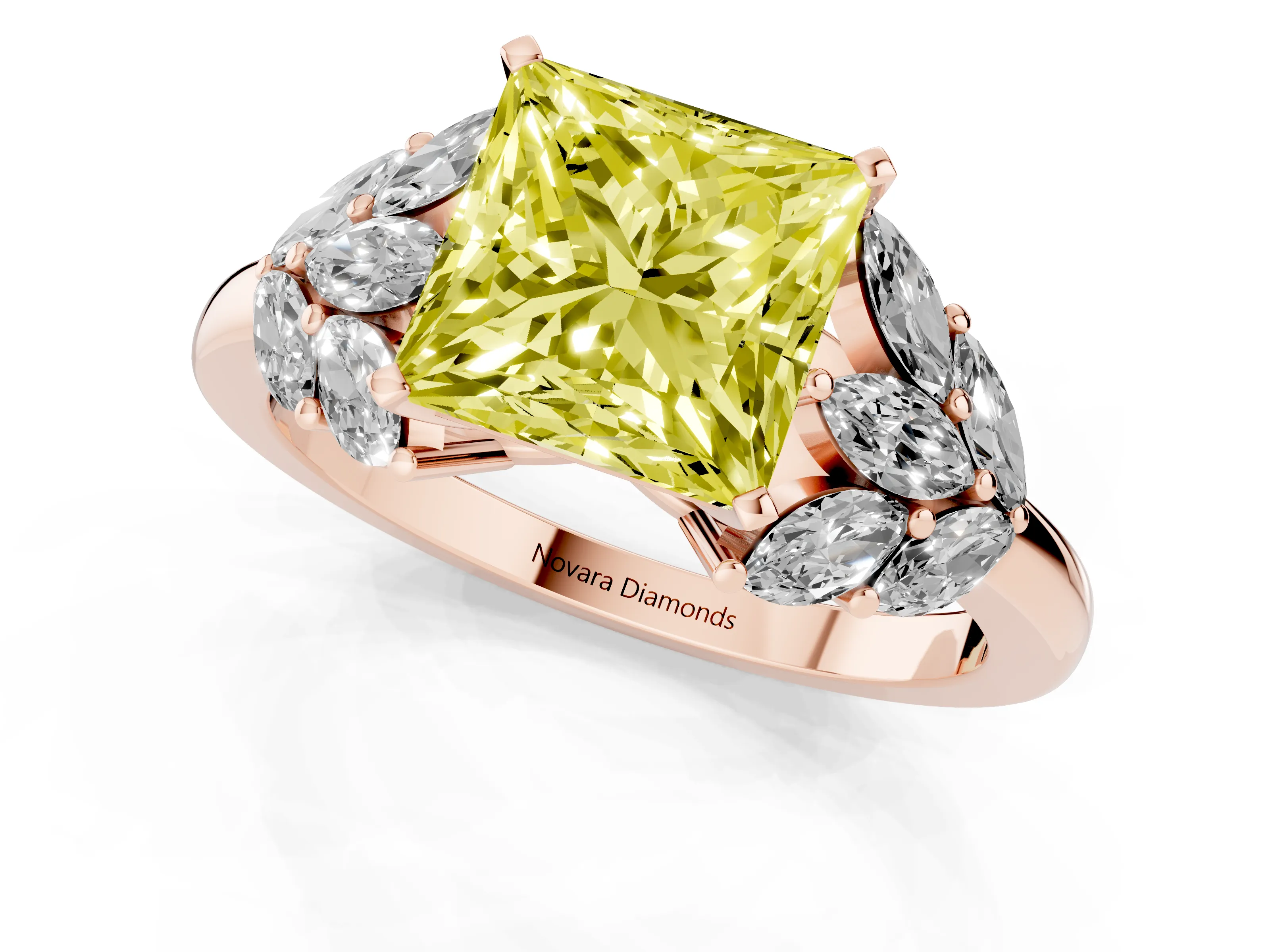 Fancy Yellow Princess Cut Diamond Cluster Leaf Design Ring Set in Rose gold with Prong Setting
