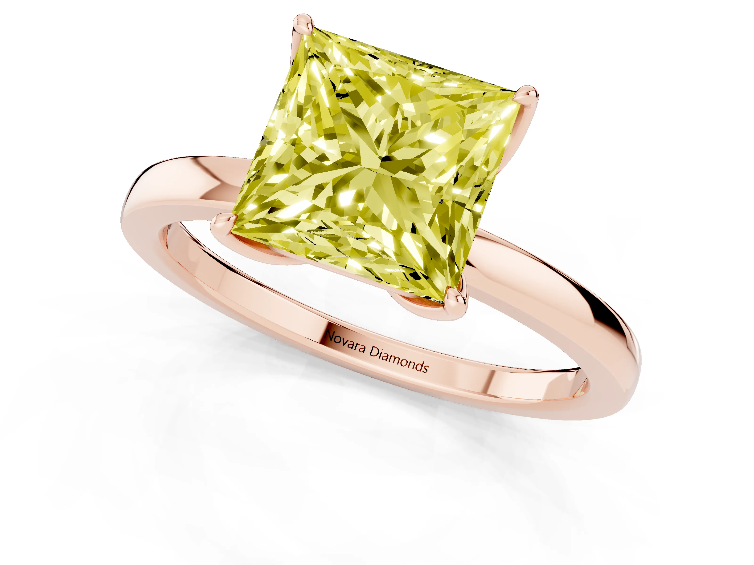 Fancy Yellow Princess Cut Diamond Solitaire Ring Set in Rose gold with Prong Setting and Thin Polished Band