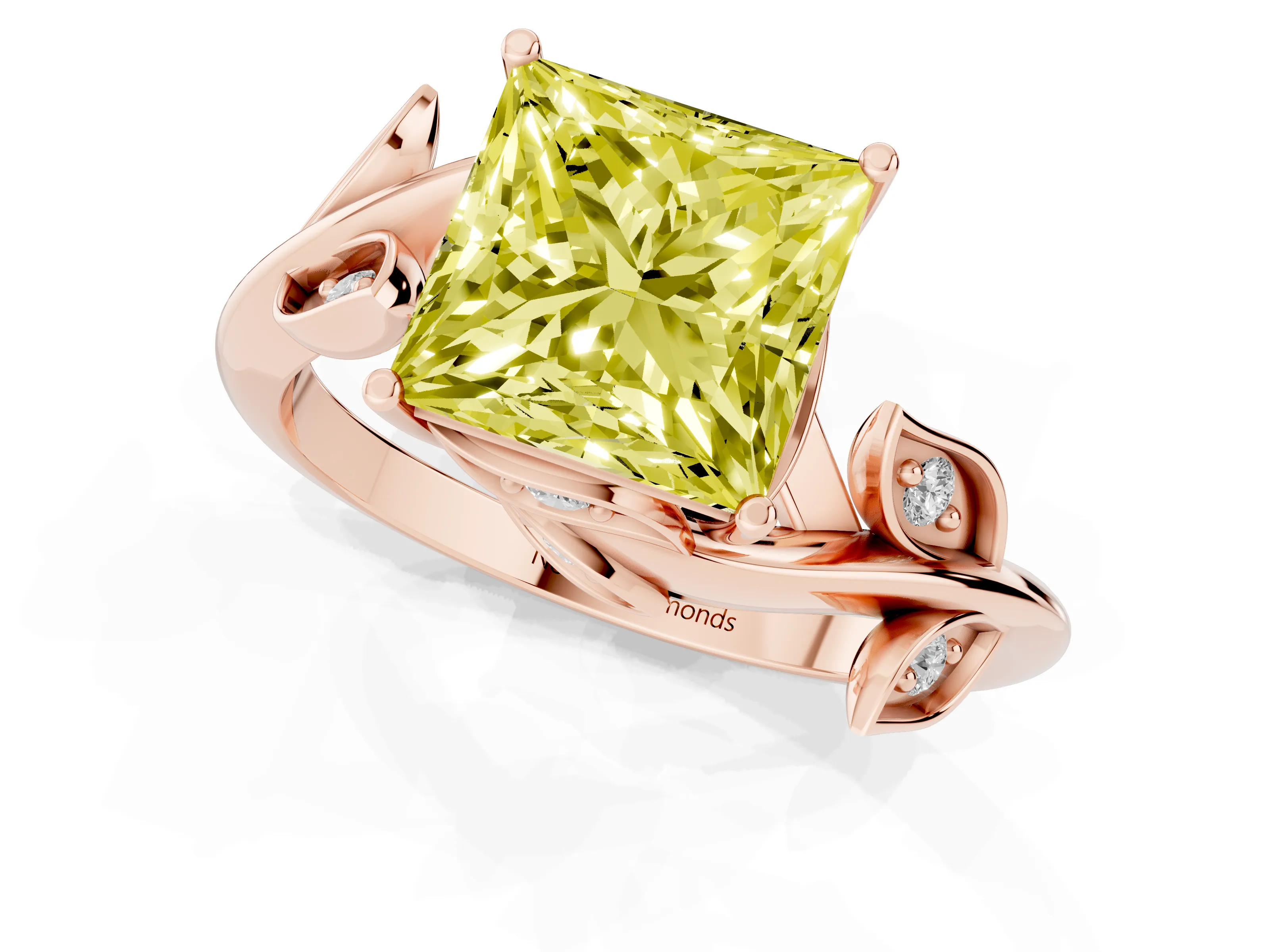 Fancy Yellow Princess Cut Diamond Solitaire Twist Engagement Ring Set in Rose gold with Pavé Leaf Accents