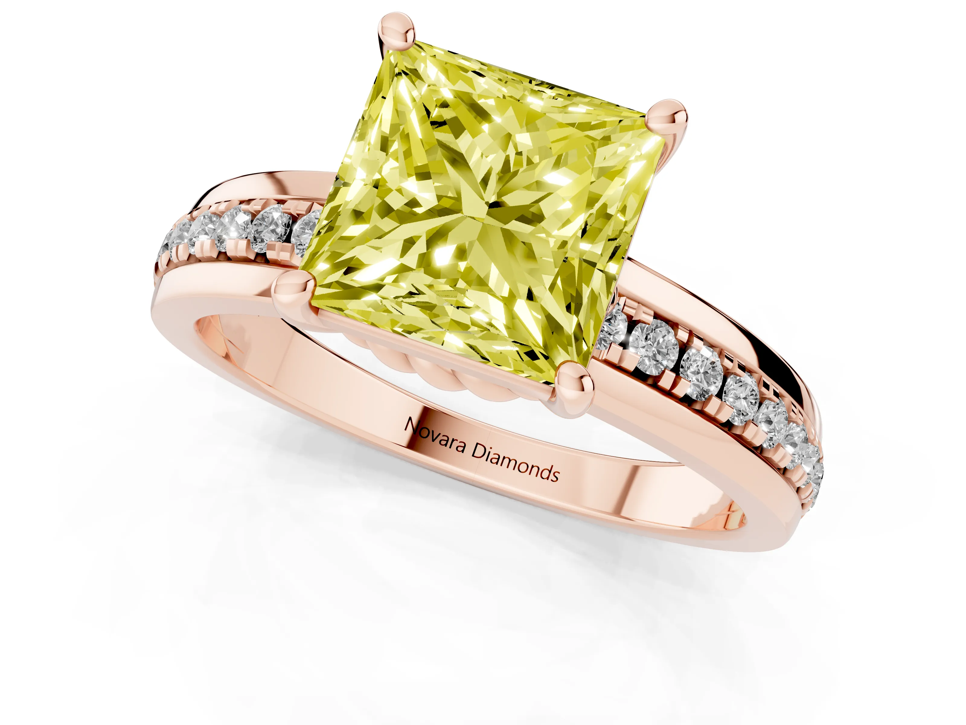 Fancy Yellow Princess Cut Diamond Solitaire Ring Set in Rose gold with Channel Set Band and Prong Setting
