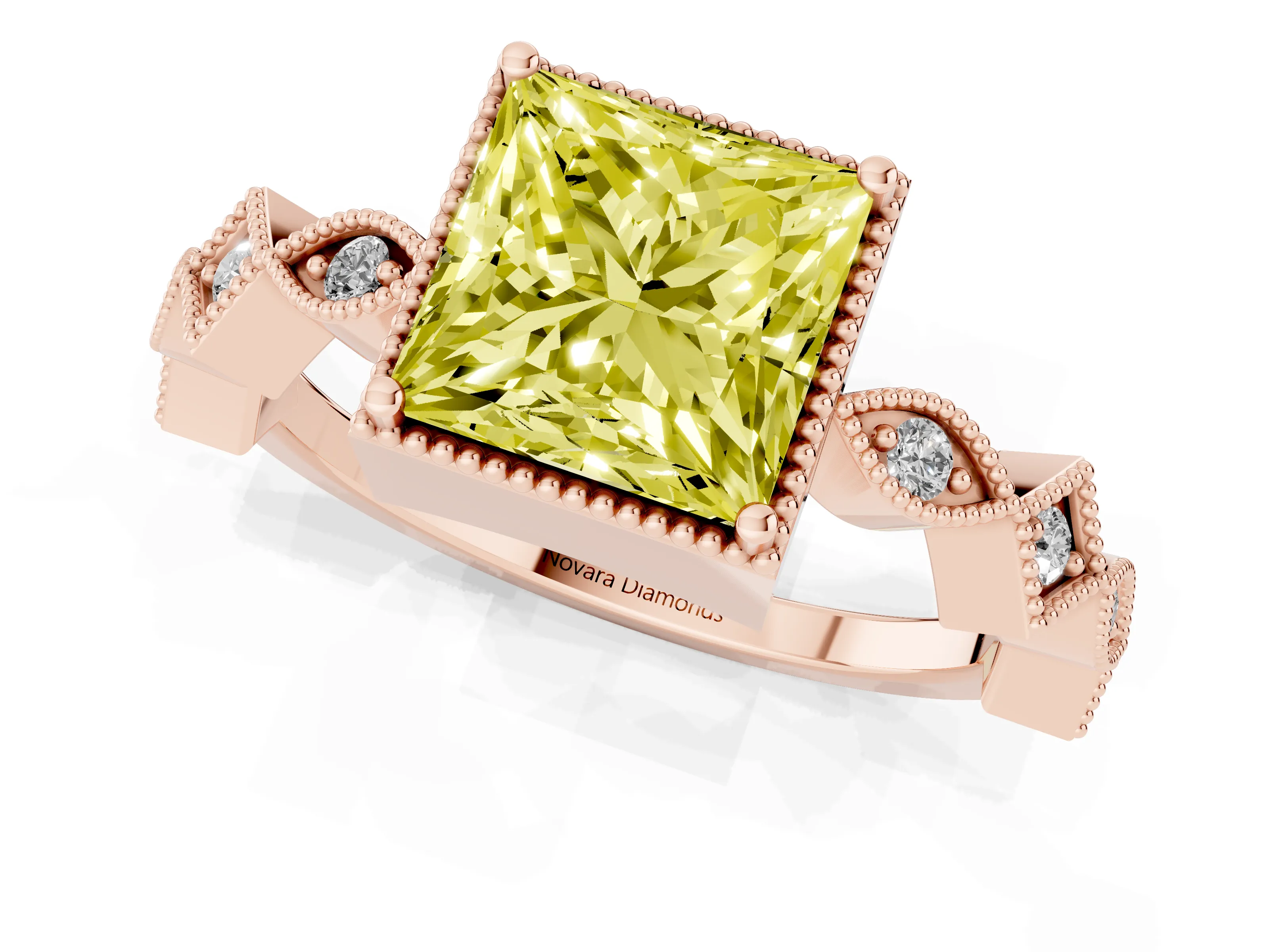 Fancy Yellow Princess Cut Diamond Milgrain Marquise Twist Band Ring Set in Rose gold with Prong Setting