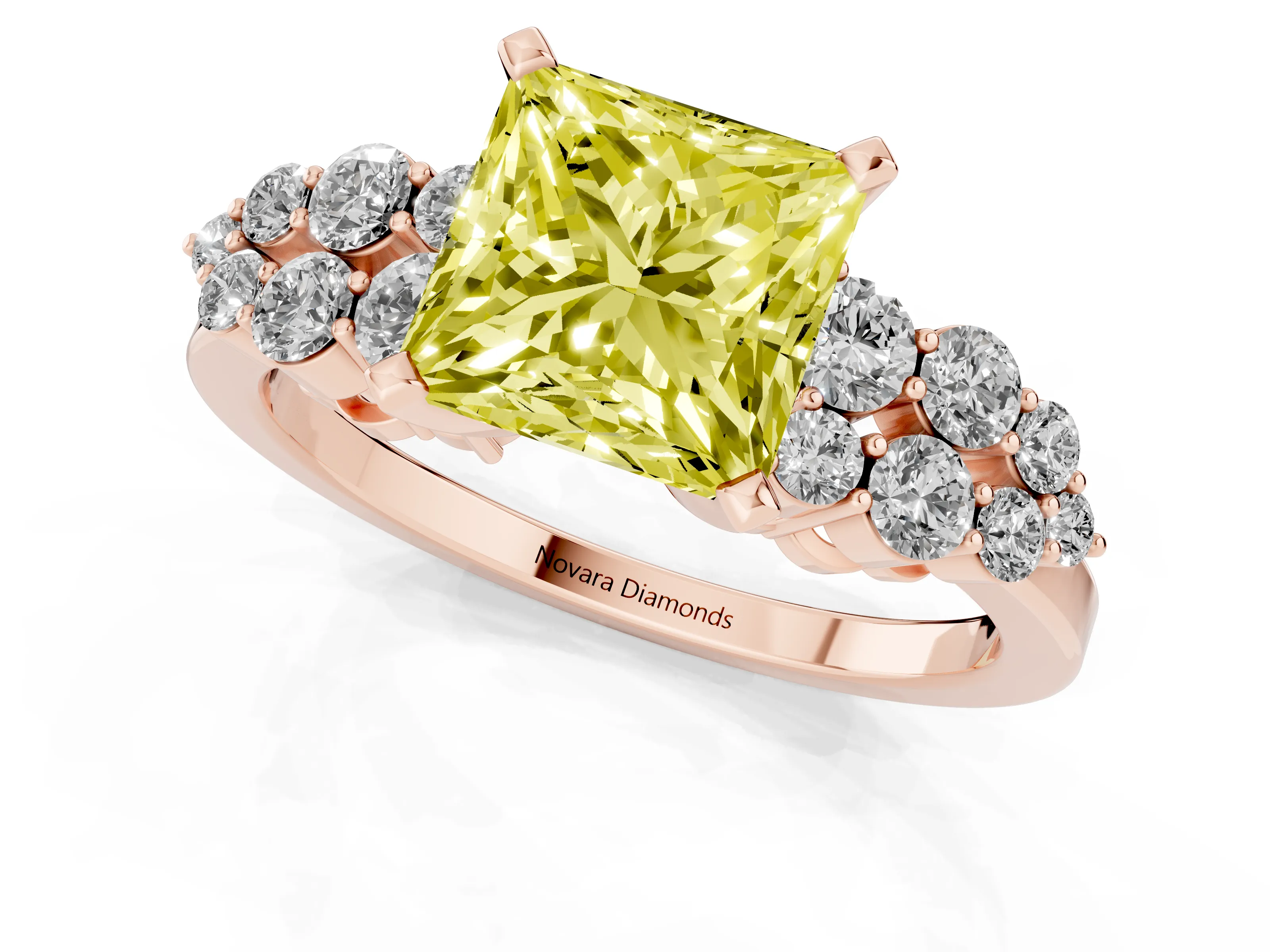Fancy Yellow Princess Cut Diamond Cluster Engagement Ring Set in Rose gold with Pavé Band and Prong Setting