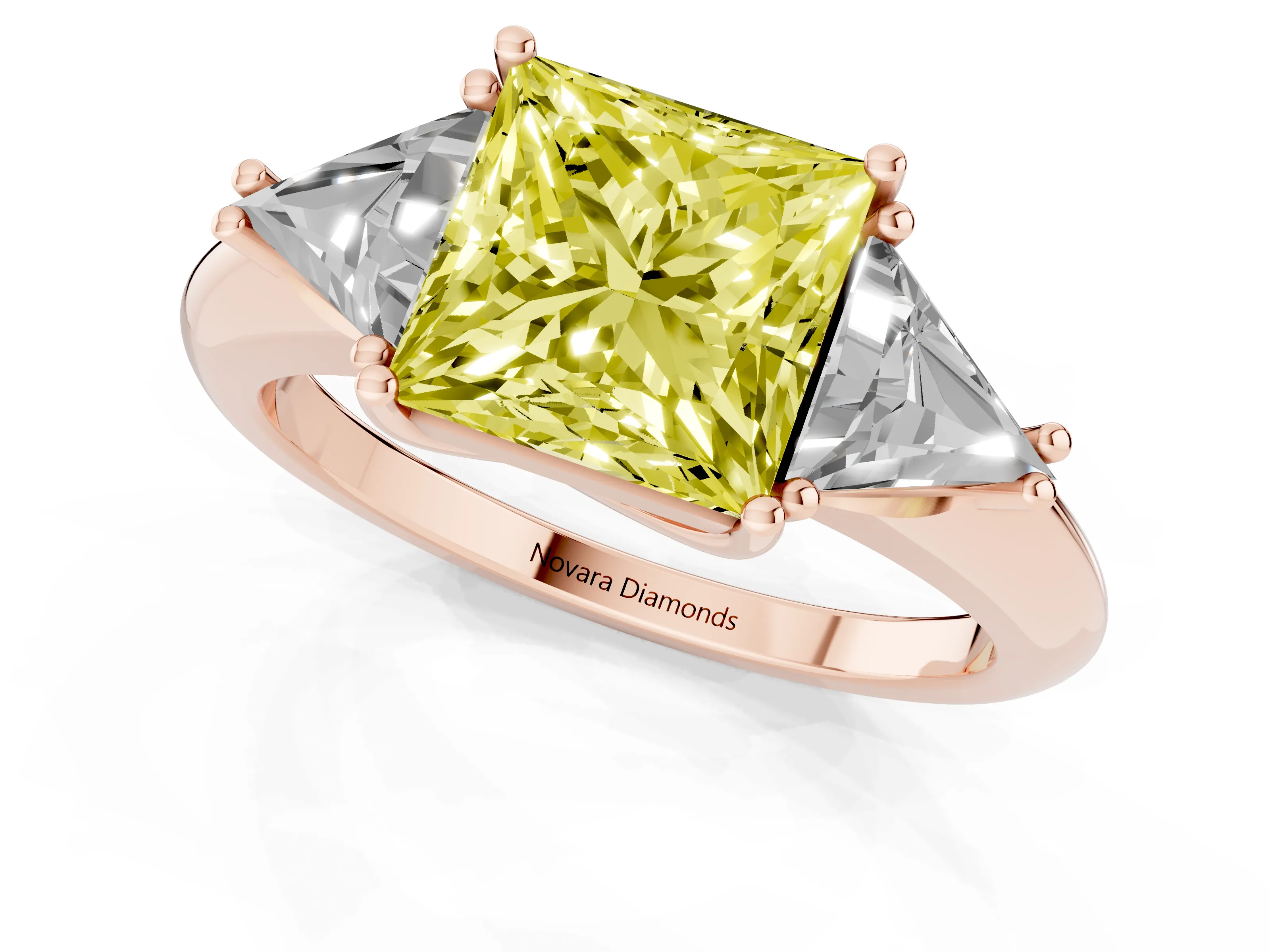 Fancy Yellow Princess Cut Diamond Three-Stone Engagement Ring Set in Rose gold with Trillion Side Stones