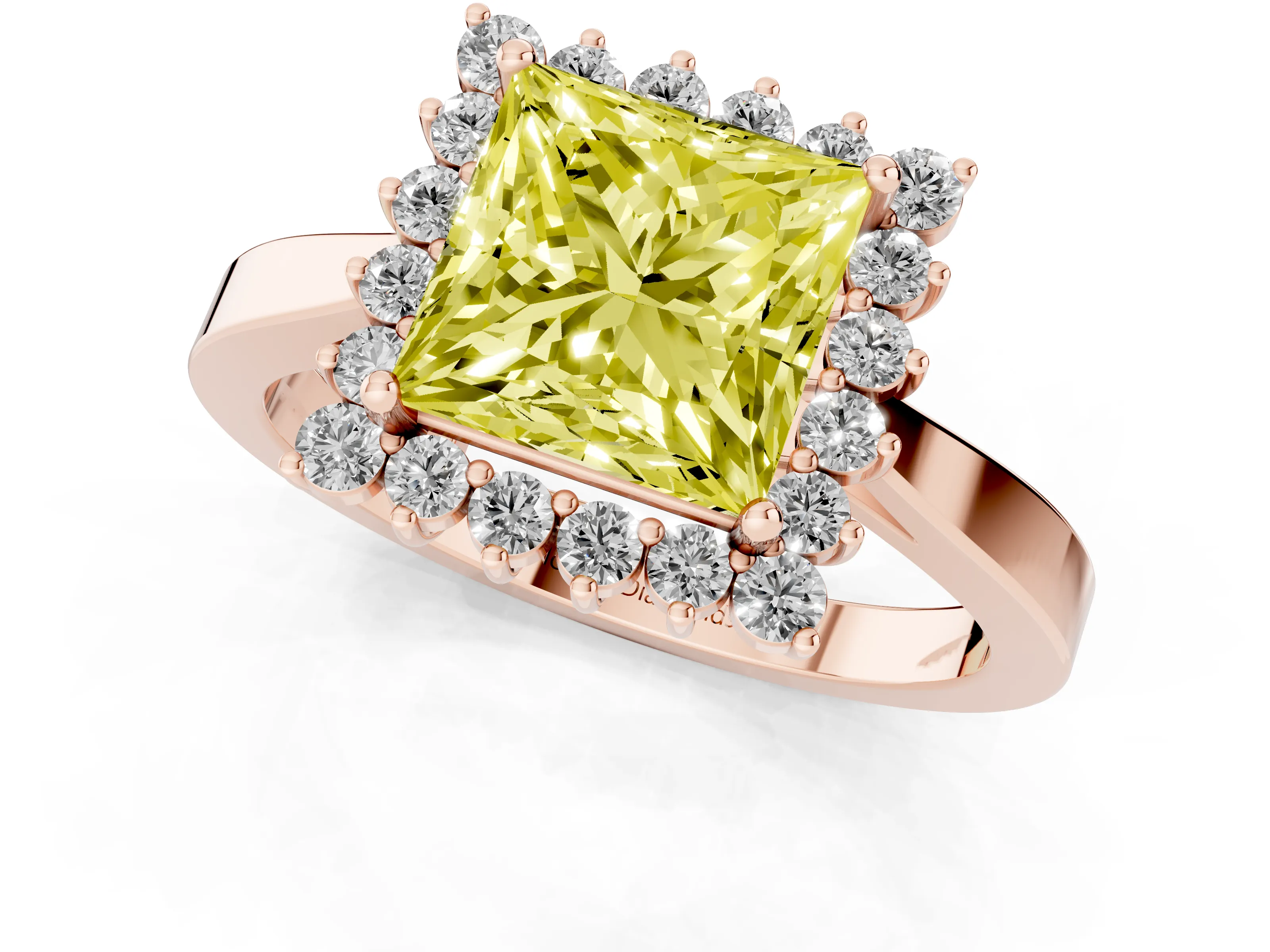 Fancy Yellow Princess Cut Diamond Halo Ring Set in Rose gold with Round Halo and Smooth Solitaire Band