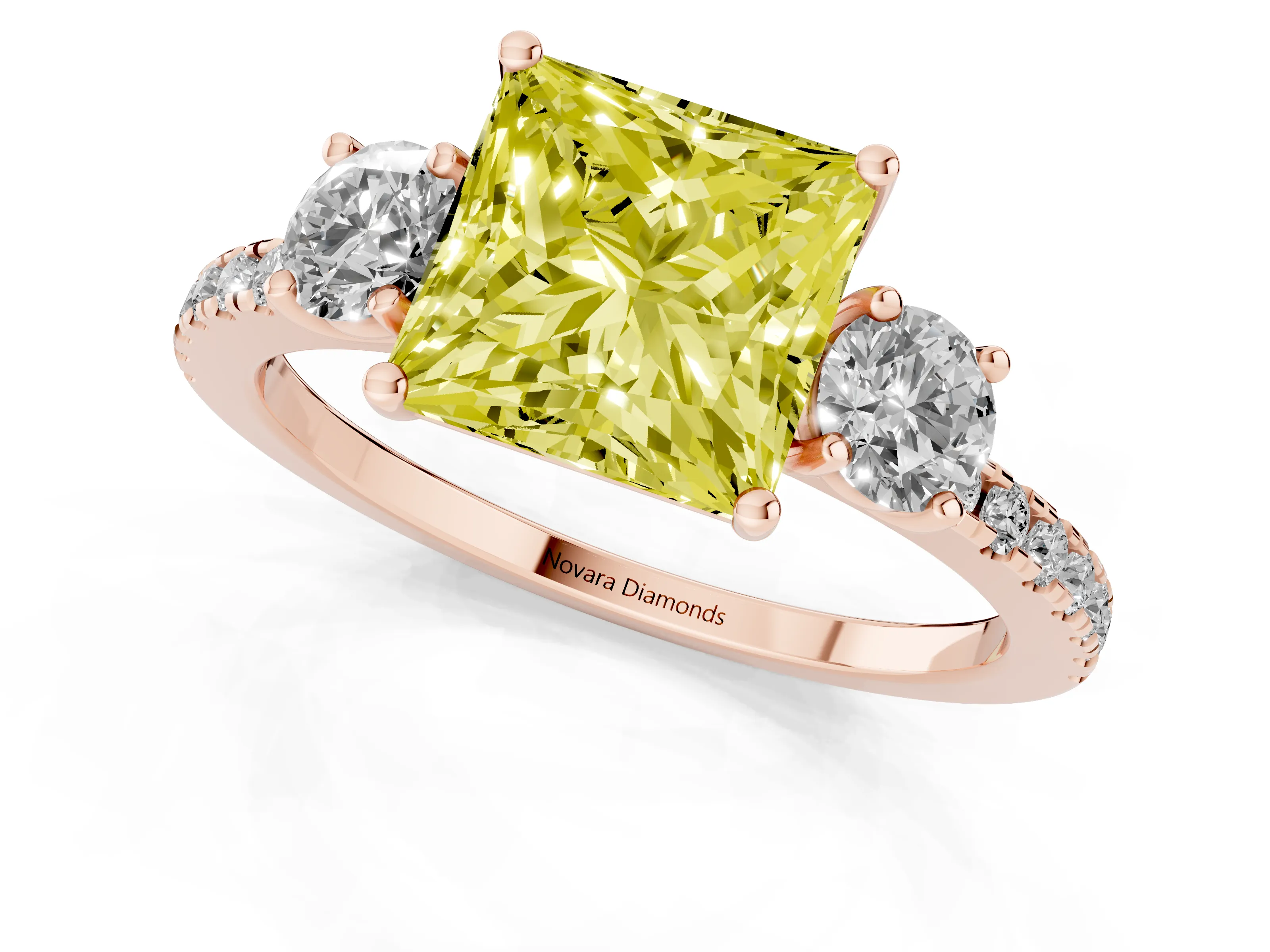 Fancy Yellow Princess Cut Diamond Three-Stone Ring Set in Rose gold with Pavé Band and Graduated Sides