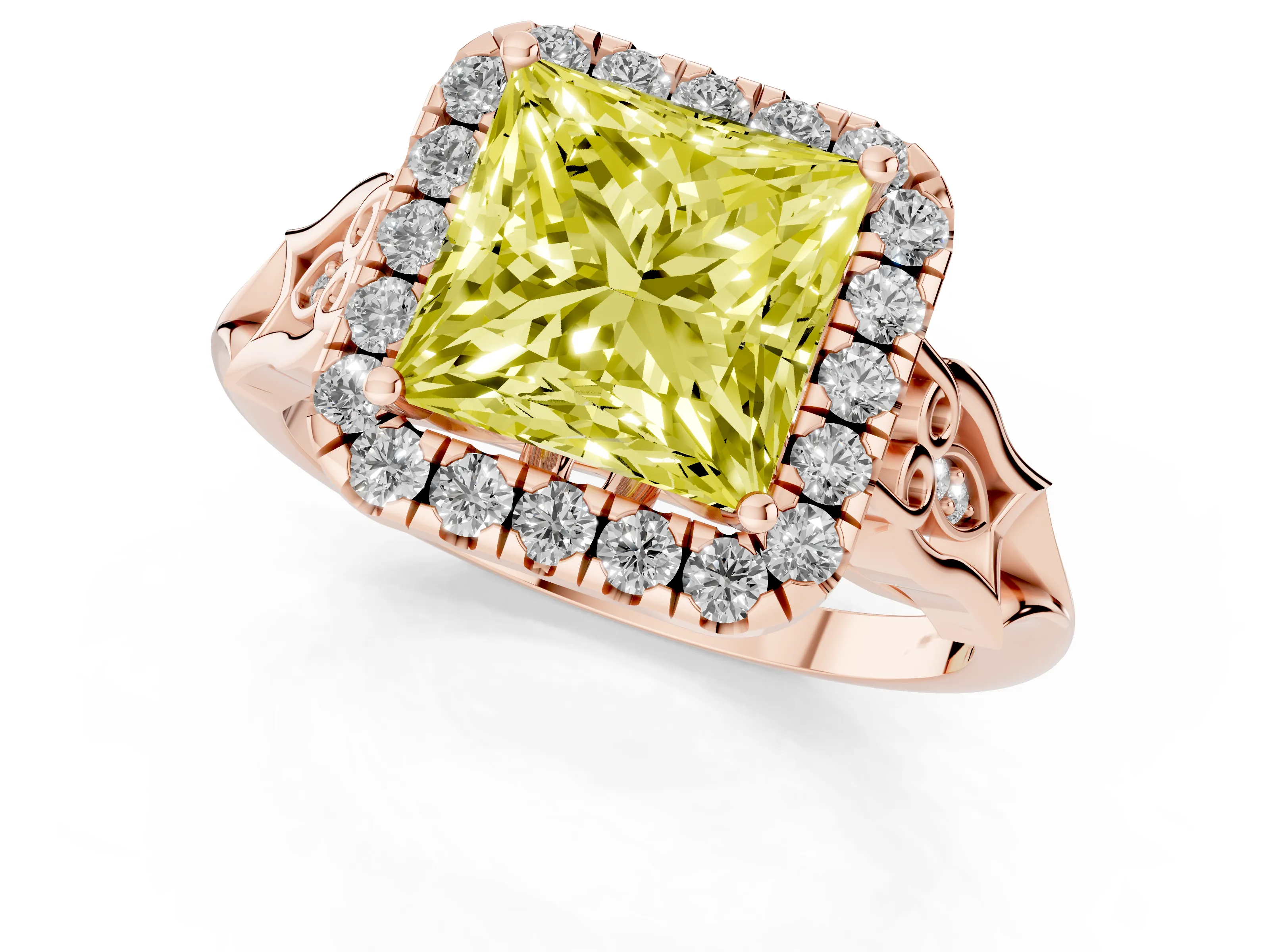 Fancy Yellow Princess Cut Diamond Halo Engagement Ring Set in Rose gold with Filigree Band and Prong-Set Center
