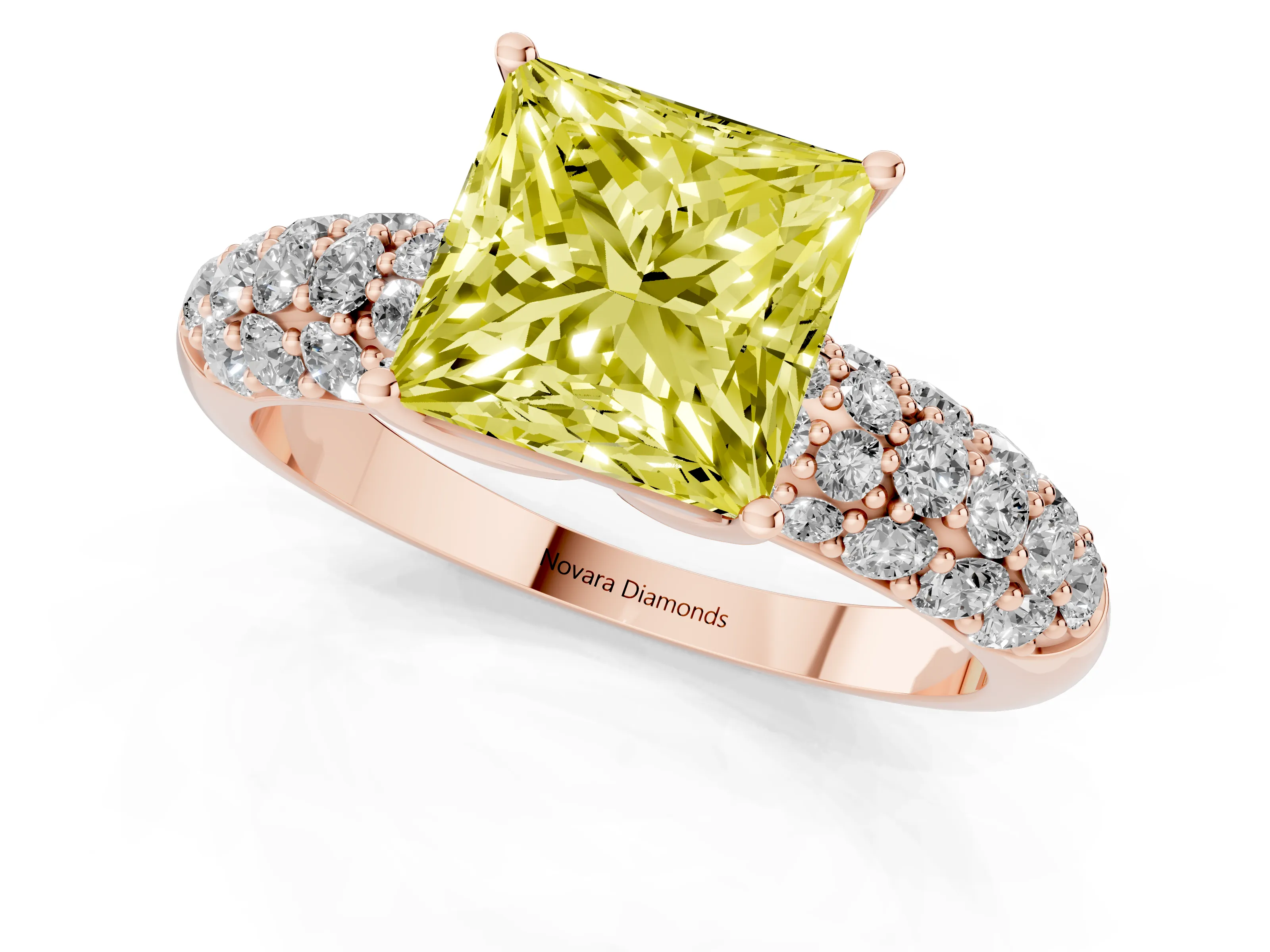 Fancy Yellow Princess Cut Diamond Pavé Band Solitaire Ring Set in Rose gold with Close-Set Accent Stones and Prong Setting