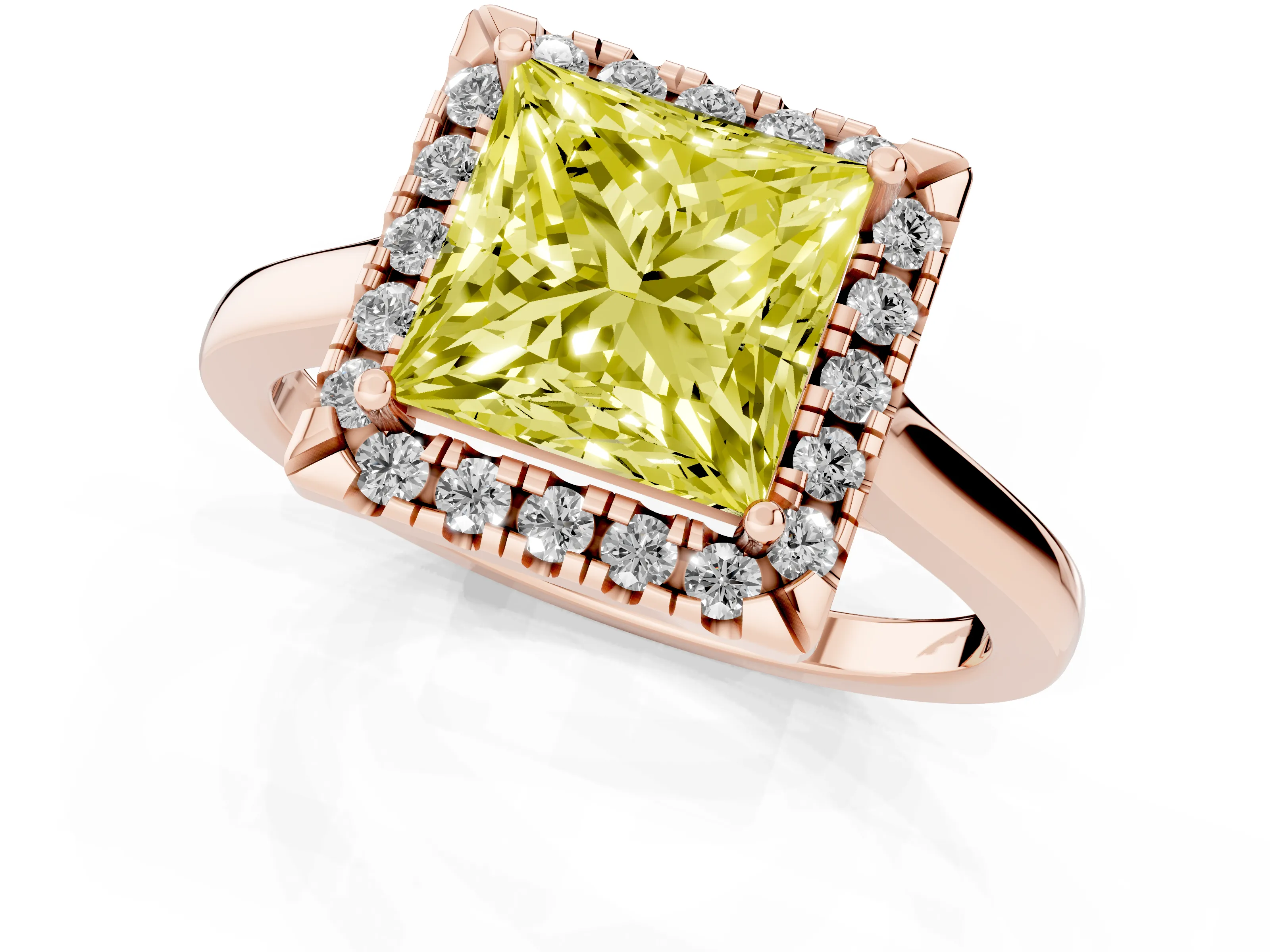 Fancy Yellow Princess Cut Halo Round Diamond Solitaire Ring Set in Rose gold with Pavé Band and Prong Setting