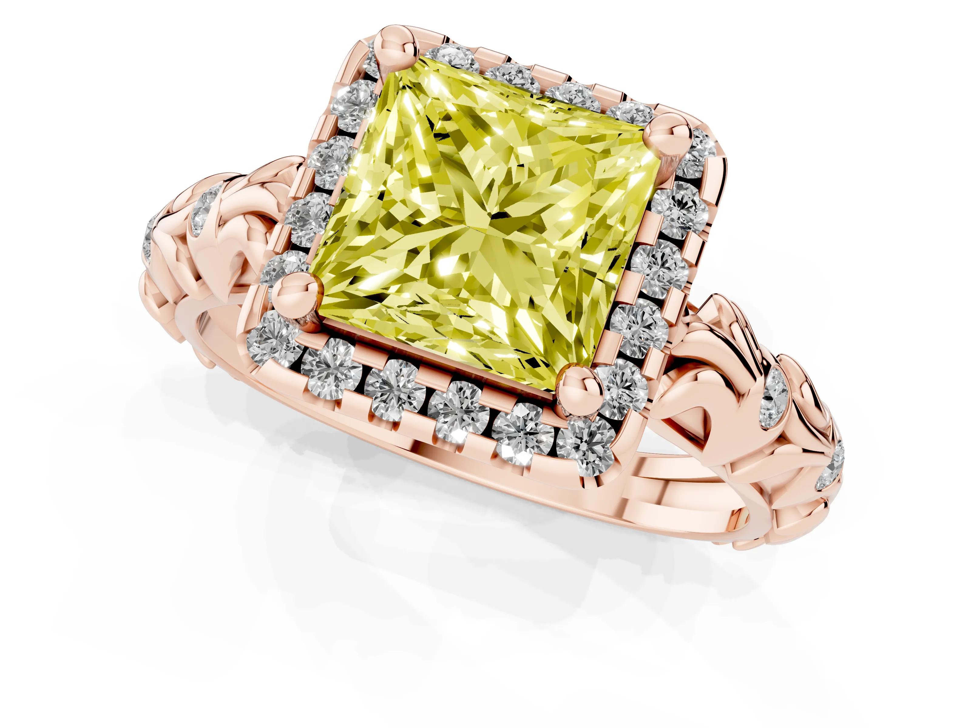 Fancy Yellow Princess Cut Diamond Halo Ring Set in Rose gold with Filigree Leaf Band and Prong Setting