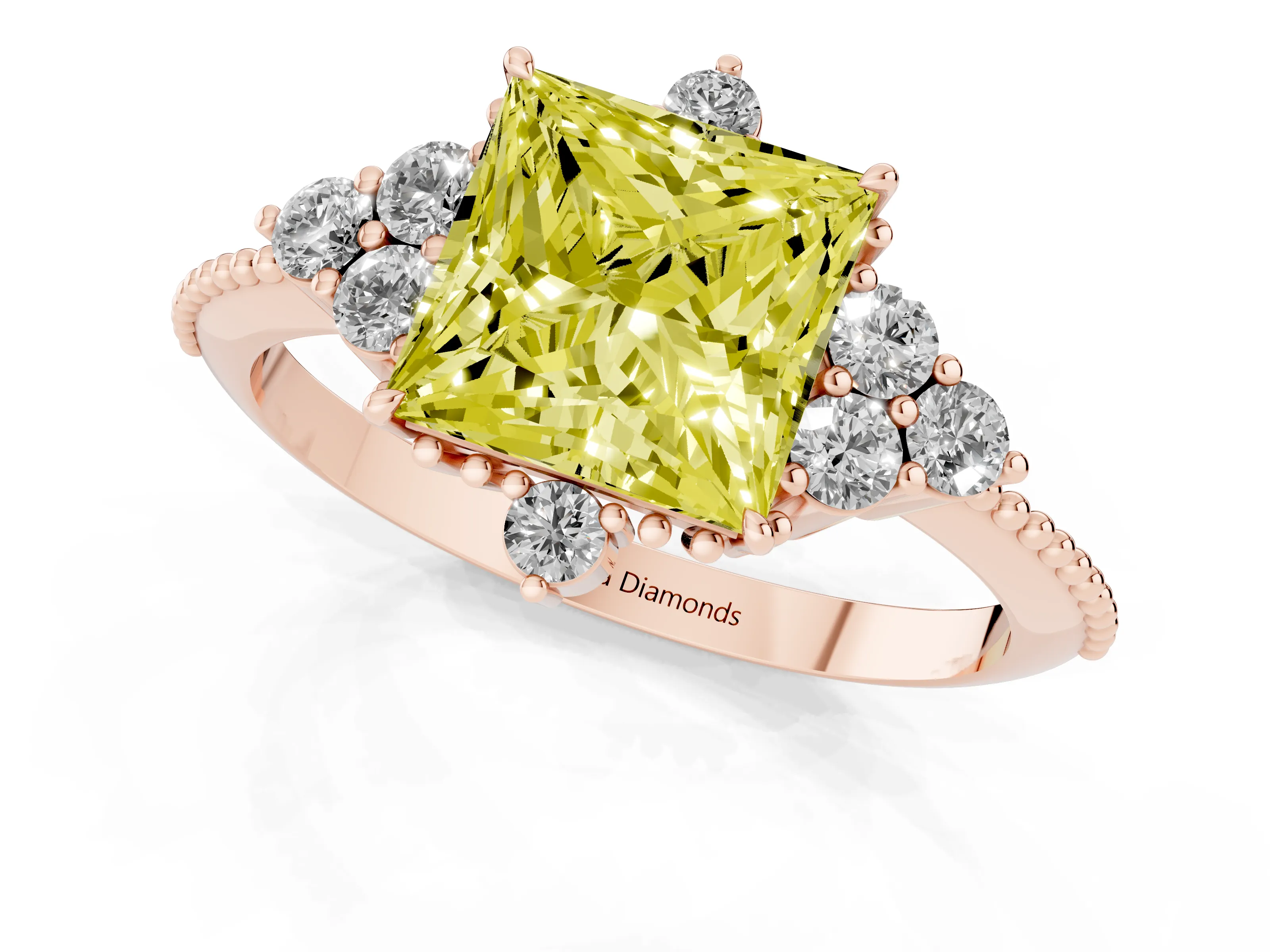 Fancy Yellow Princess Cut Diamond Cluster Ring Set in Rose gold with Beaded Band