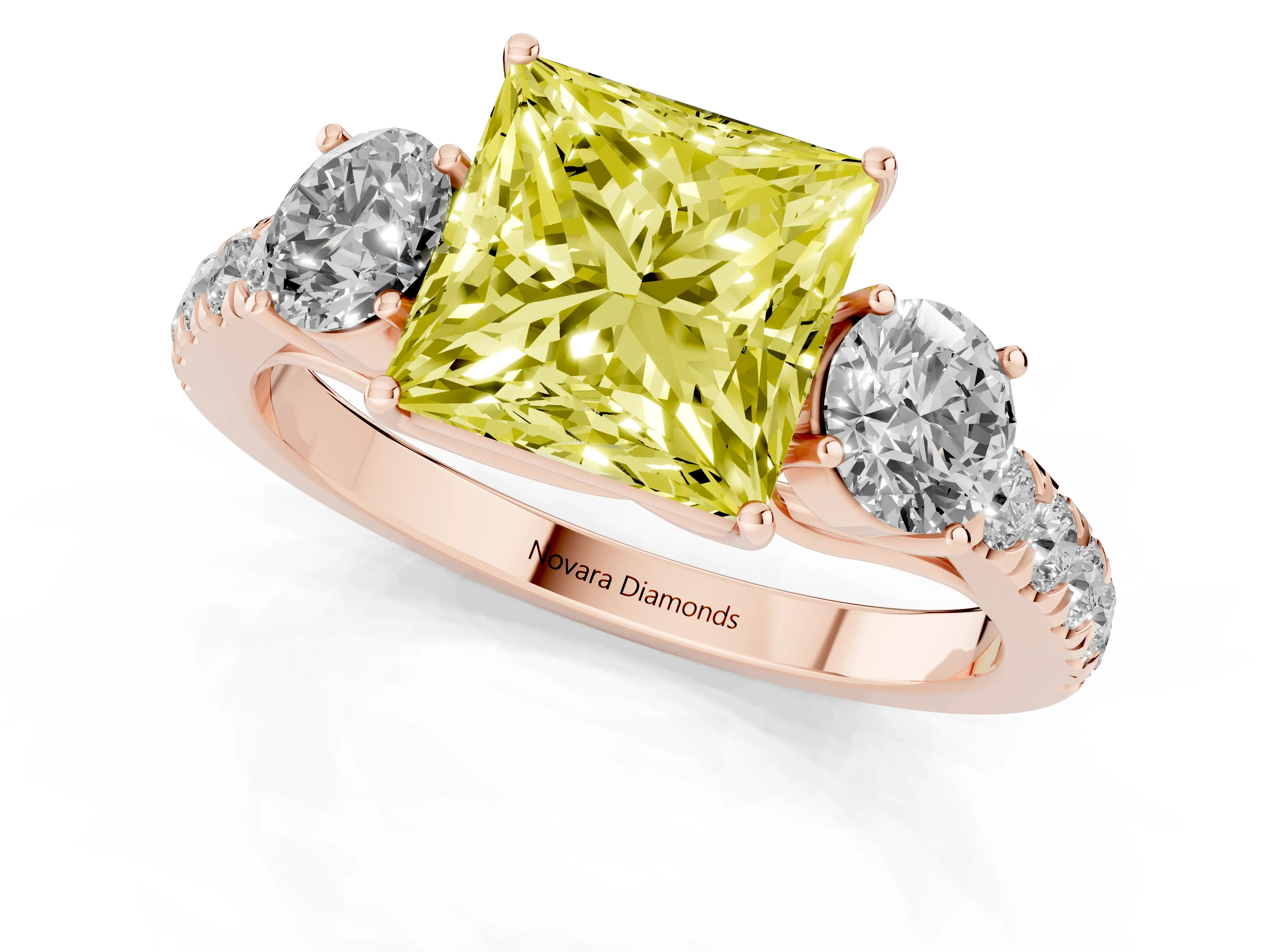 Fancy Yellow Princess Cut Diamond Three-Stone Ring Set in Rose gold with Round Side Stones and Delicate Pavé Band