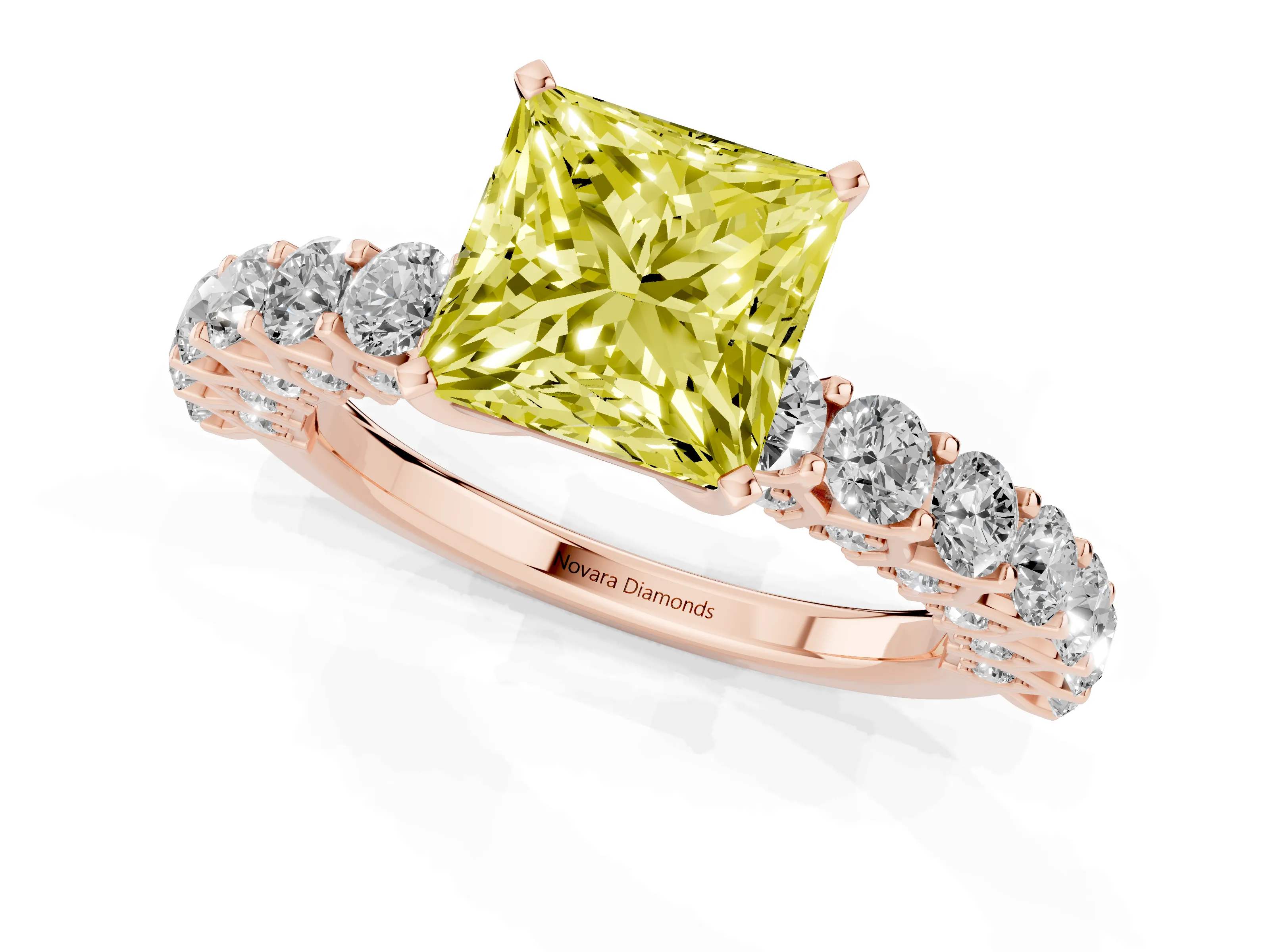 Fancy Yellow Princess Cut Diamond Solitaire Ring Set in Rose gold with Shared Prong Pavé Band