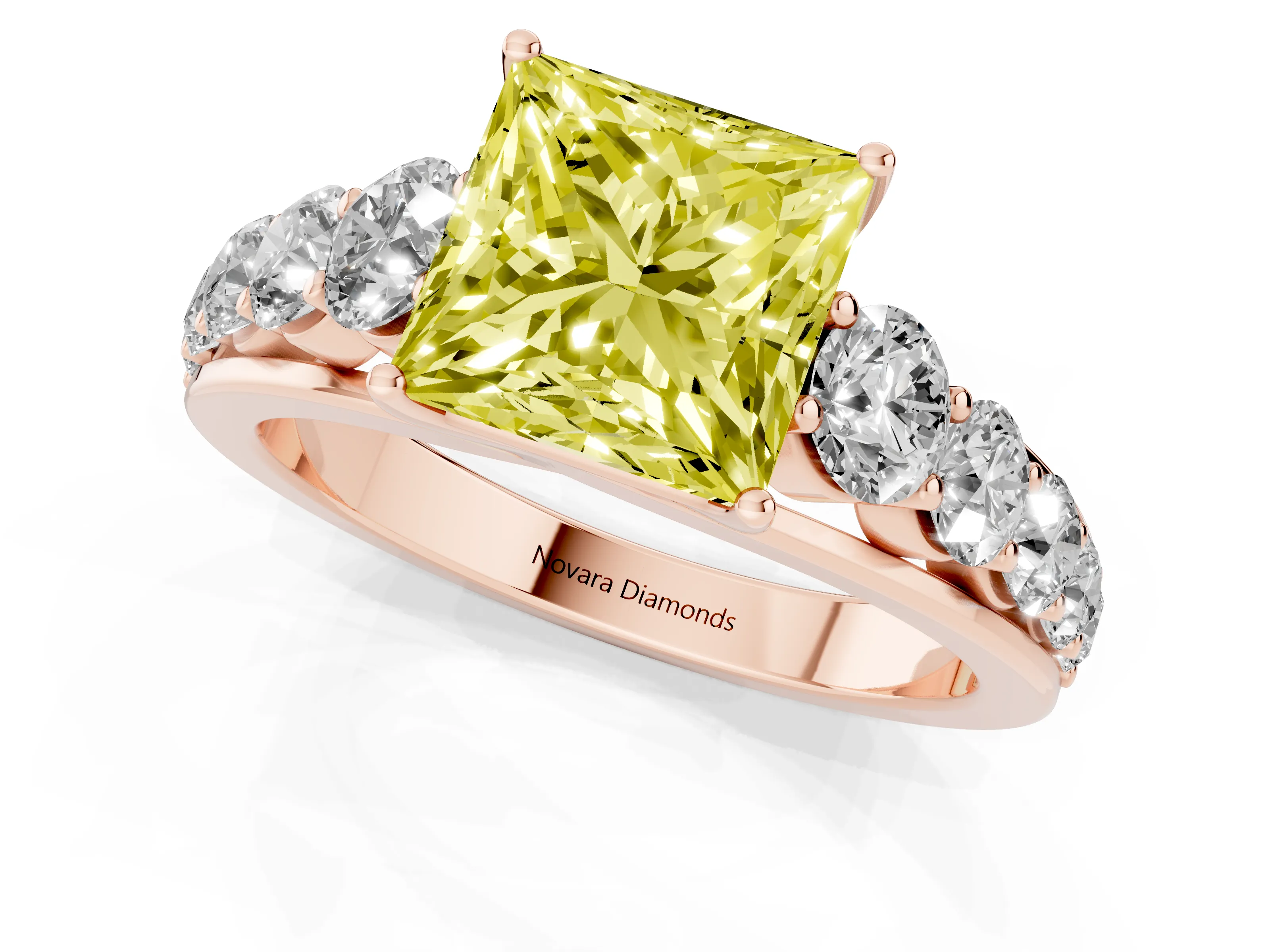 Fancy Yellow Princess Cut Diamond Solitaire Ring Set in Rose gold with Pavé-Set Band and Prong Setting