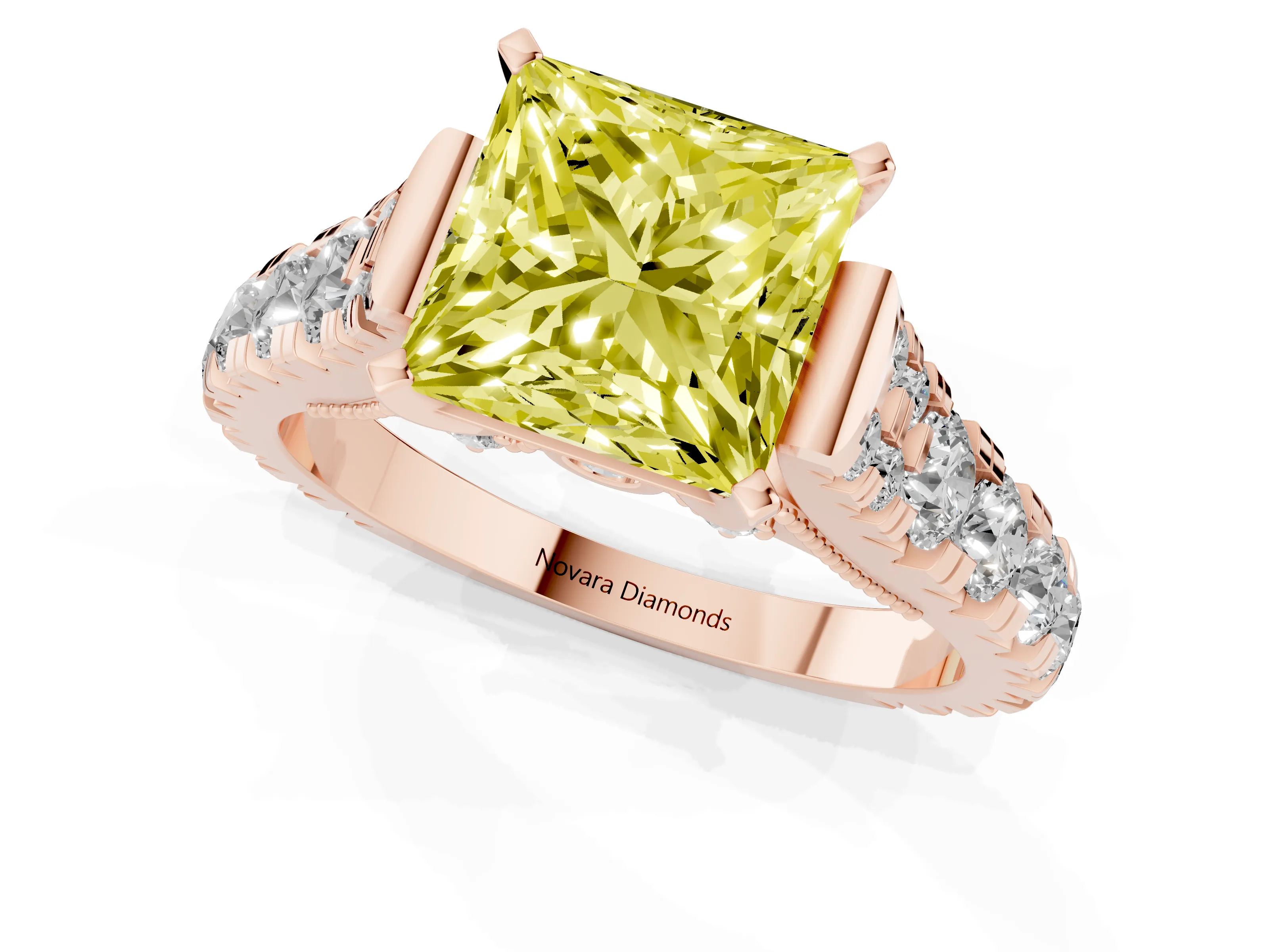 Fancy Yellow Princess Cut Diamond Classic Solitaire Ring Set in Rose gold with Pavé Band and Prong Setting