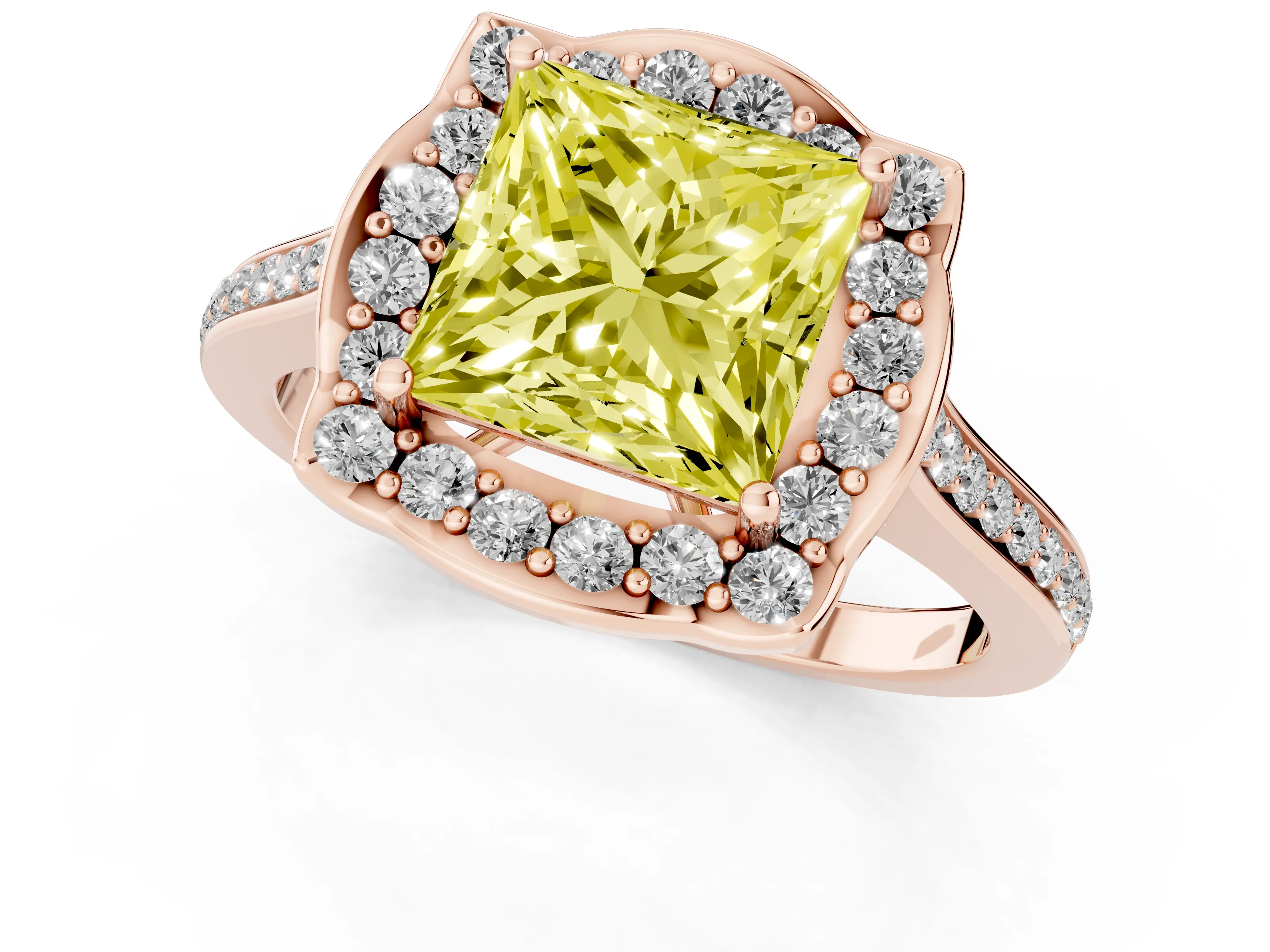 Fancy Yellow Princess Cut Diamond Halo Ring Set in Rose gold with Pavé-Lined Shoulders and Prong Setting