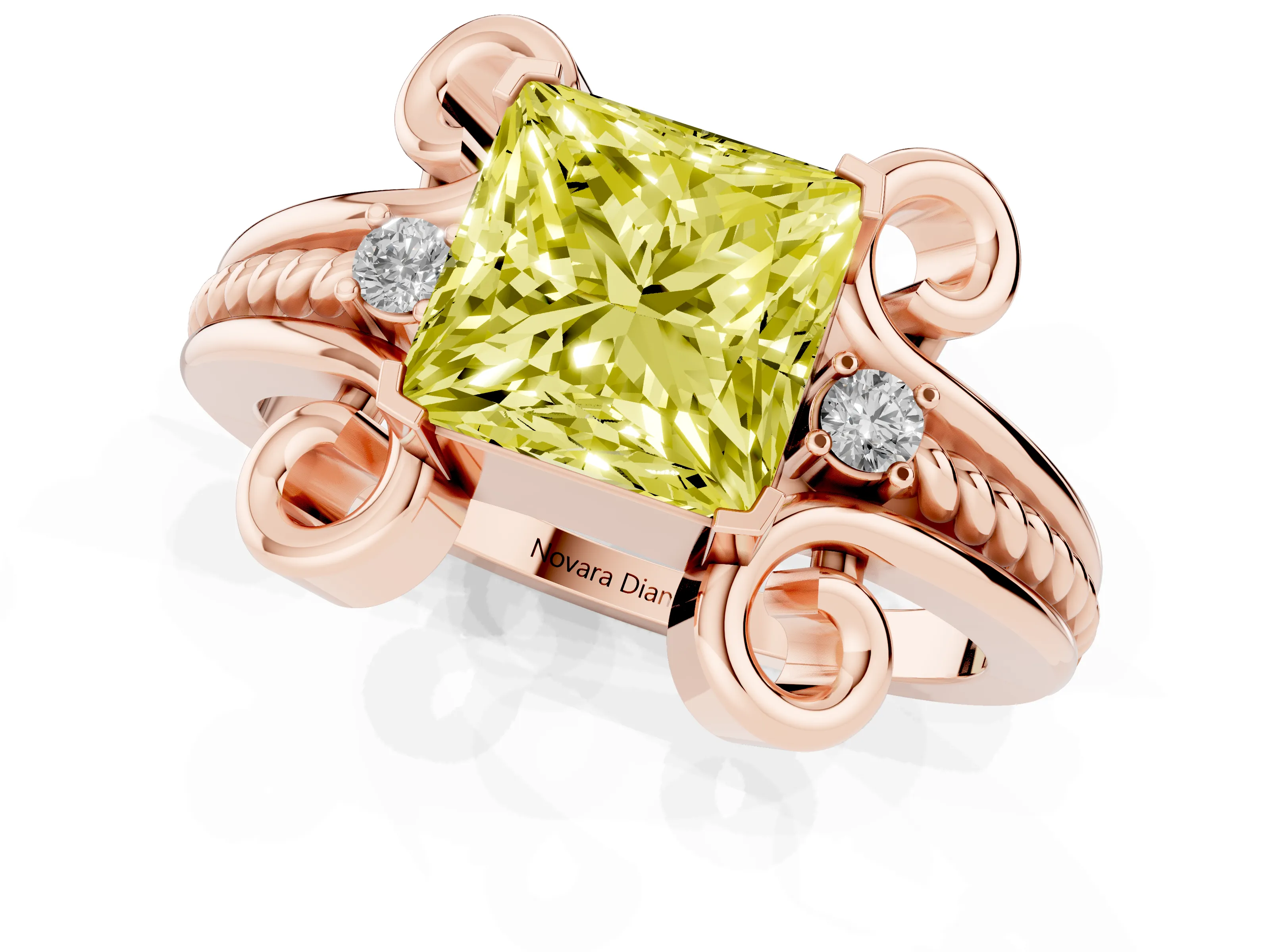 Fancy Yellow Princess Cut Diamond Twisted Band Solitaire Ring Set in Rose gold with Scroll Prongs