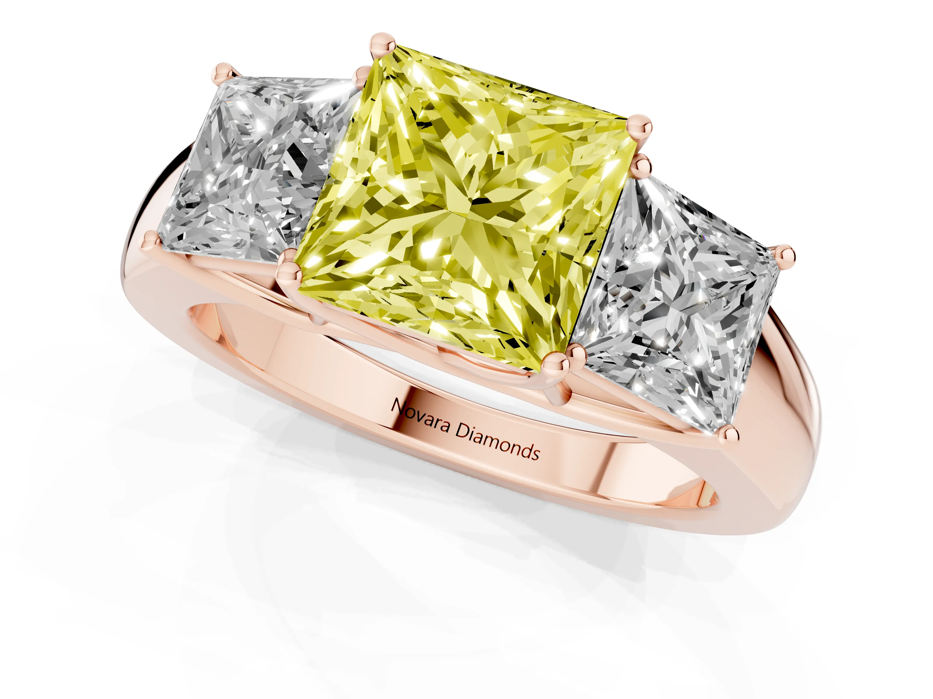 Fancy Yellow Three-Stone Princess Cut Diamond Ring Set in Rose gold with Matching Prong Settings and Plain Band