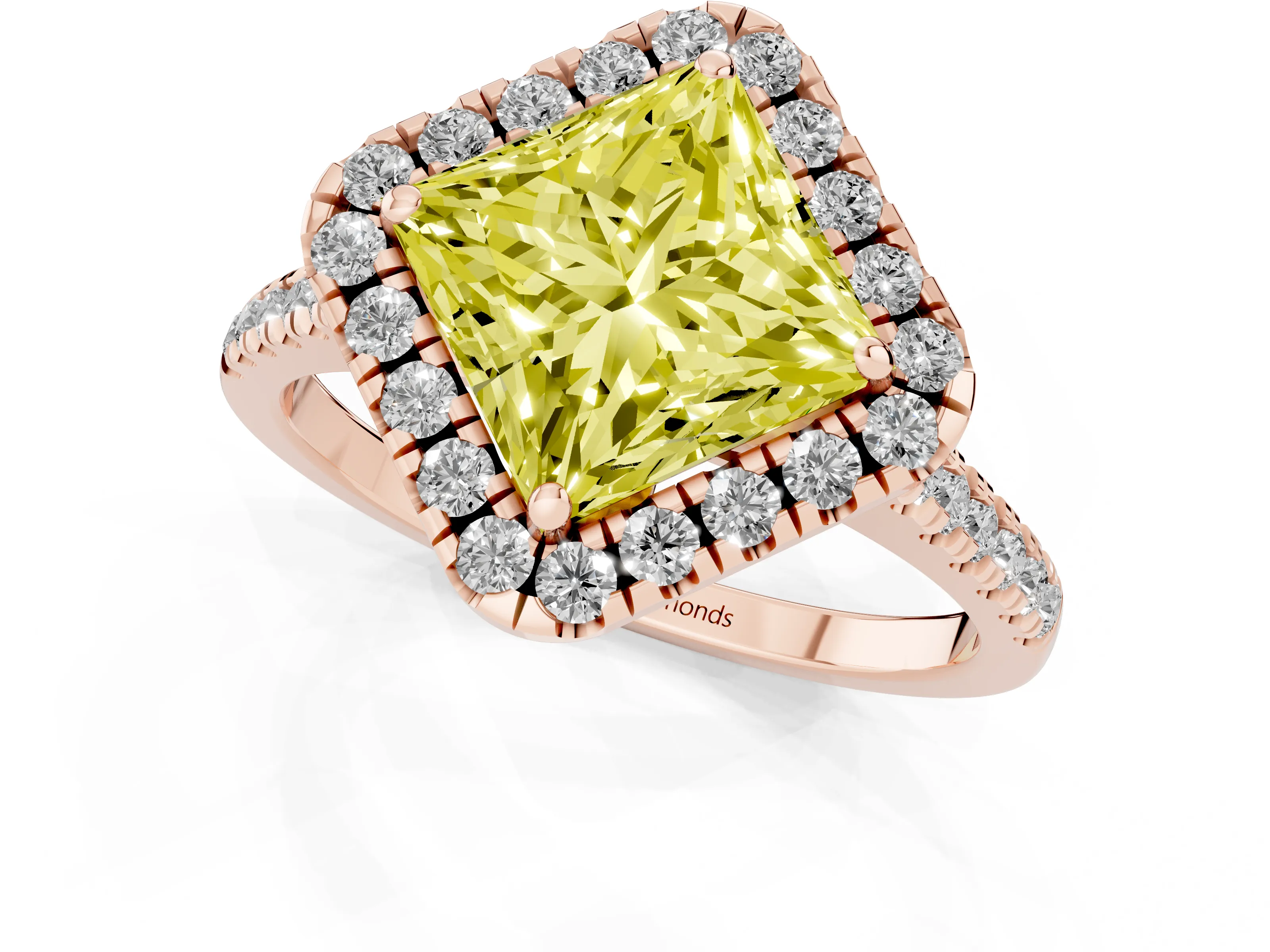 Fancy Yellow Princess Cut Diamond Cushion Halo Ring Set in Rose gold with Pavé Band