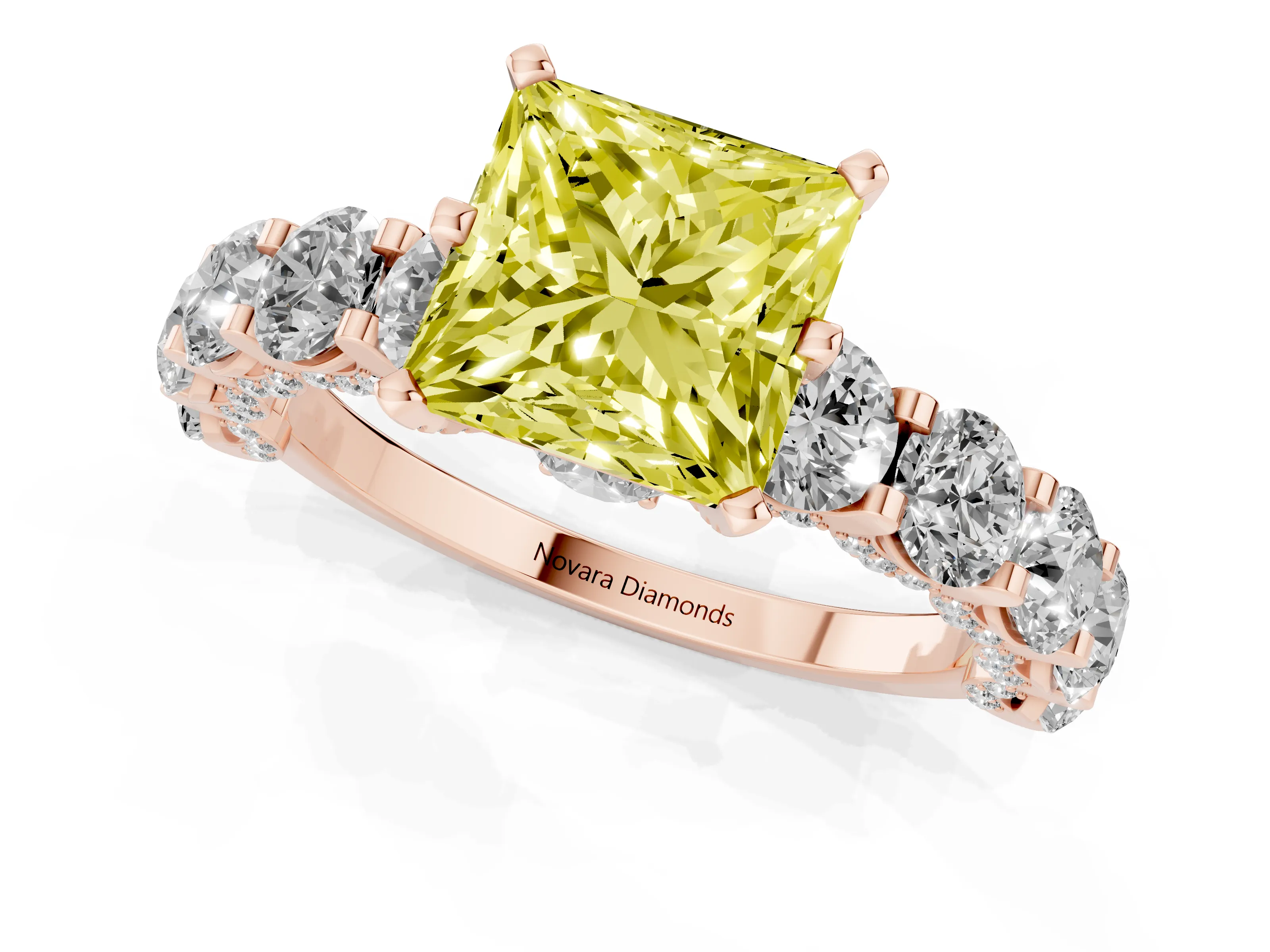 Fancy Yellow Princess Cut Diamond Side Stone Ring Set in Rose gold with Alternating Round and Oval Side Stones