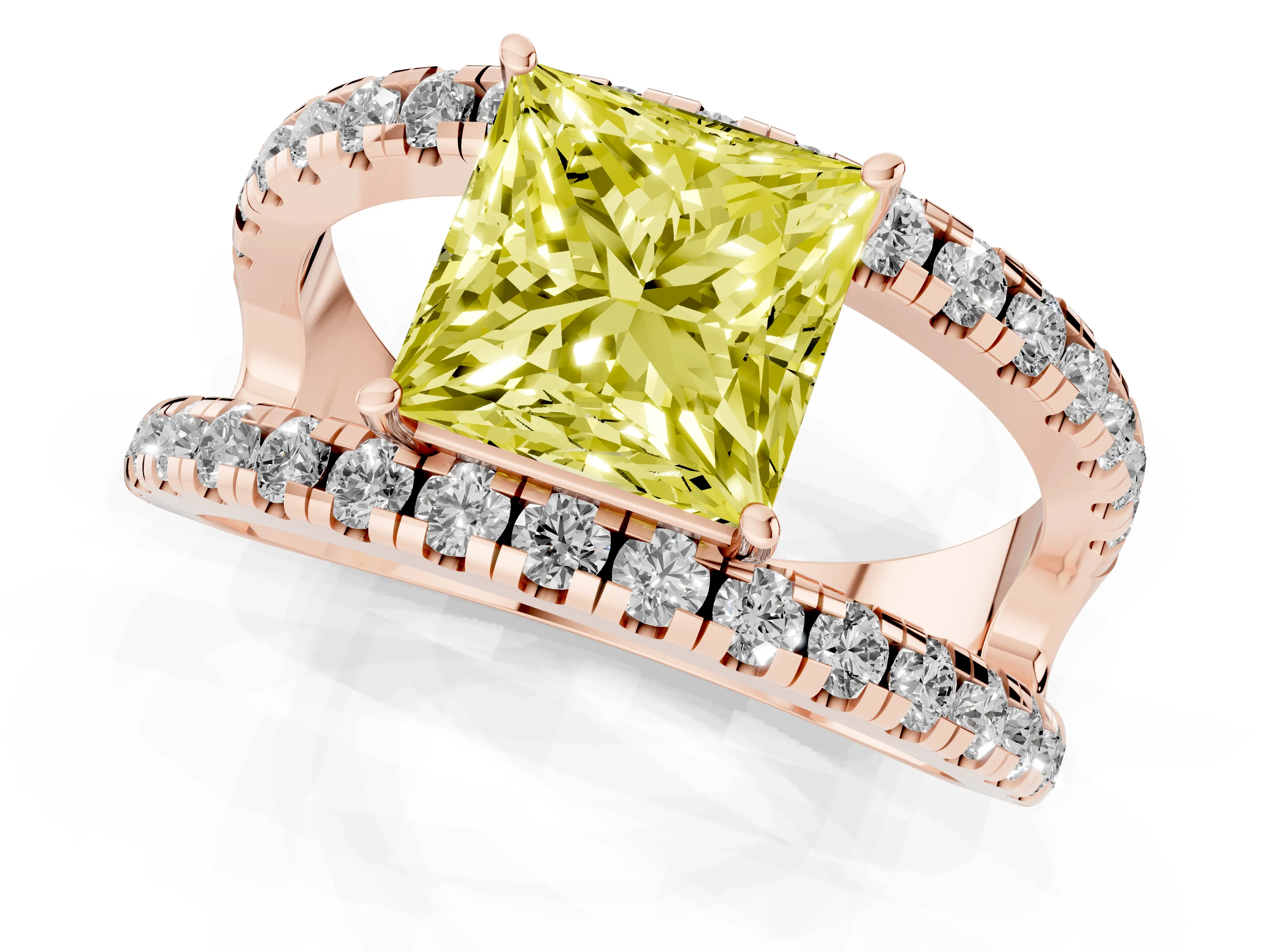 Fancy Yellow Princess Cut Diamond Split Shank Pavé Solitaire Ring Set in Rose gold with Open Shank Design