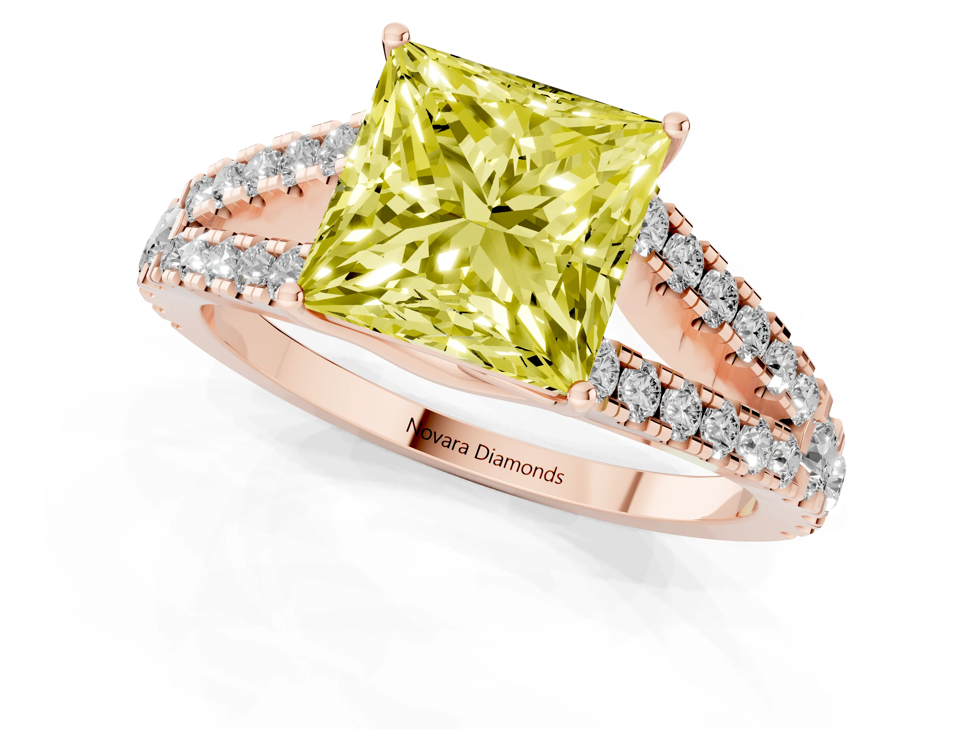 Fancy Yellow Princess Cut Diamond Split Shank Pavé Engagement Ring Set in Rose gold with Prong-Held Center Stone