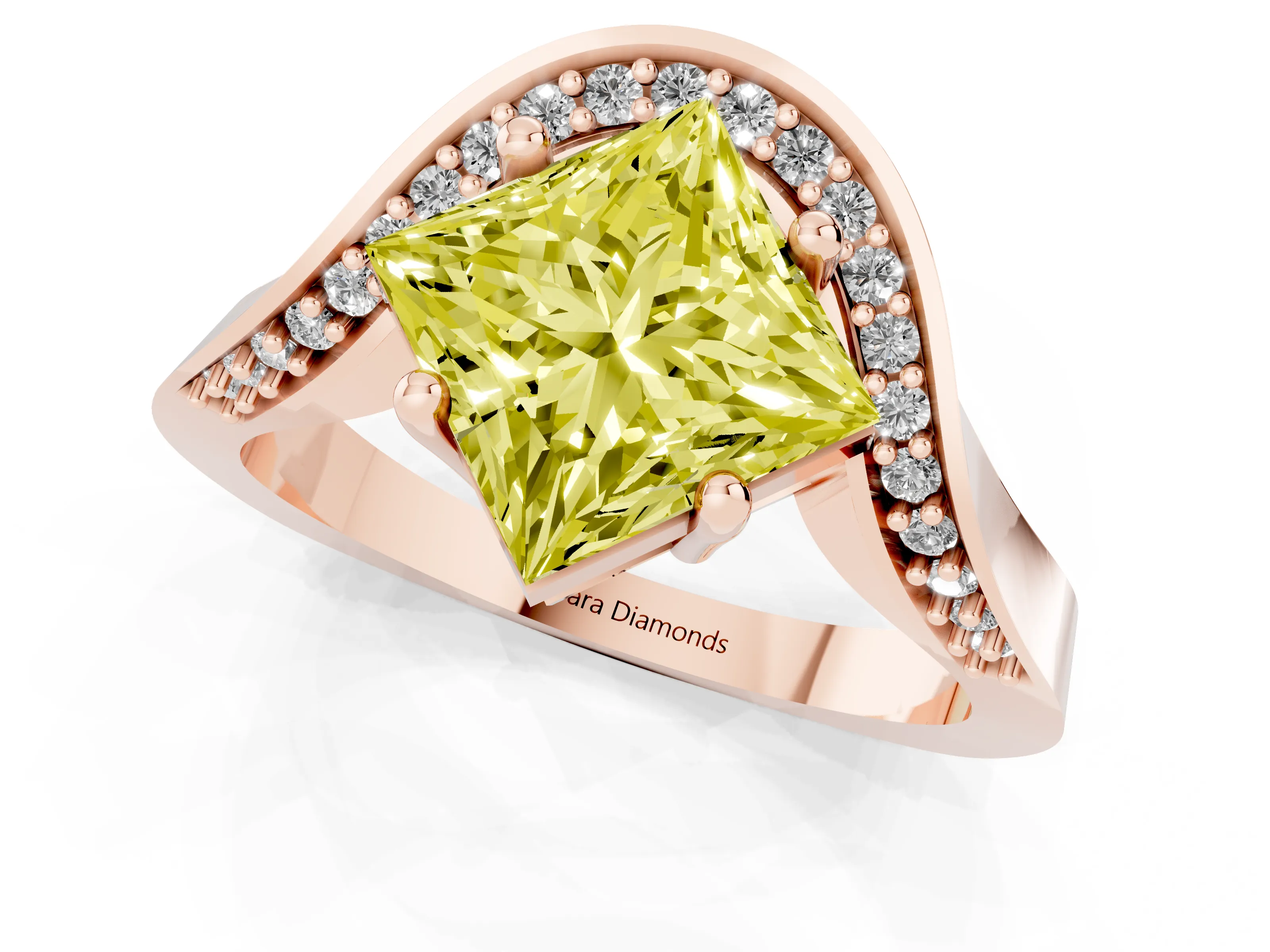 Fancy Yellow Princess Cut Diamond Solitaire Engagement Ring Set in Rose gold with Pavé Shoulders