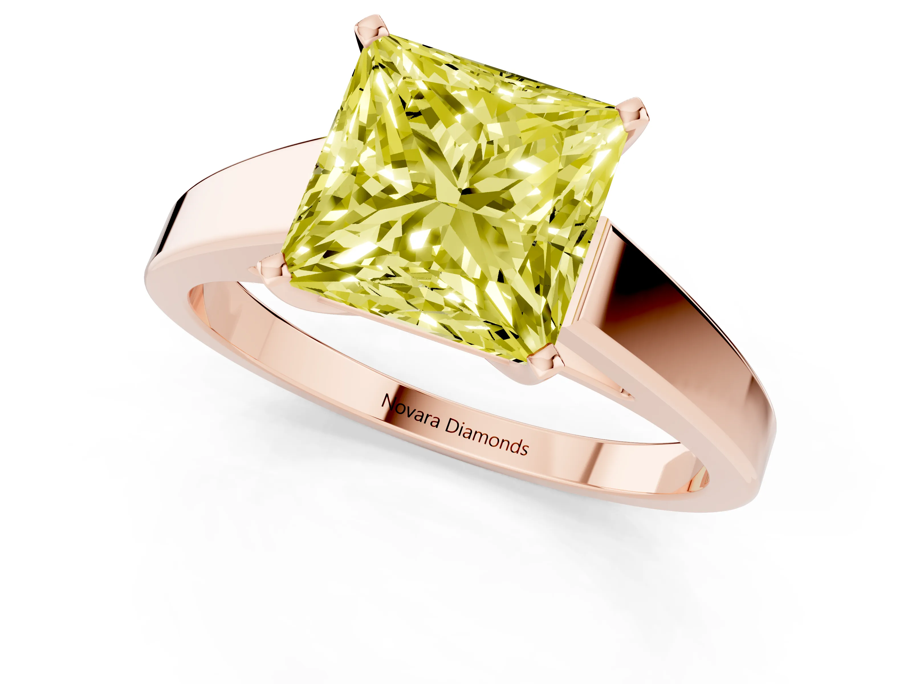 Fancy Yellow Princess Cut Diamond Solitaire Engagement Ring Set in Rose gold with Prong Setting and Tapered Band