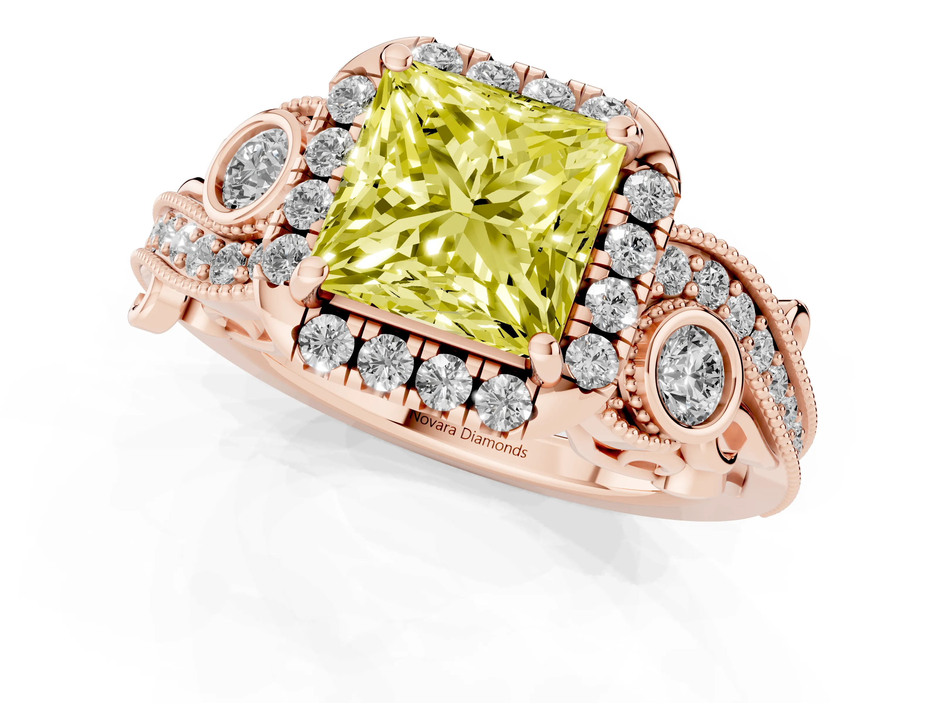 Fancy Yellow Princess Cut Diamond Halo Ring Set in Rose gold with Milgrain Pavé Band and Prong Setting