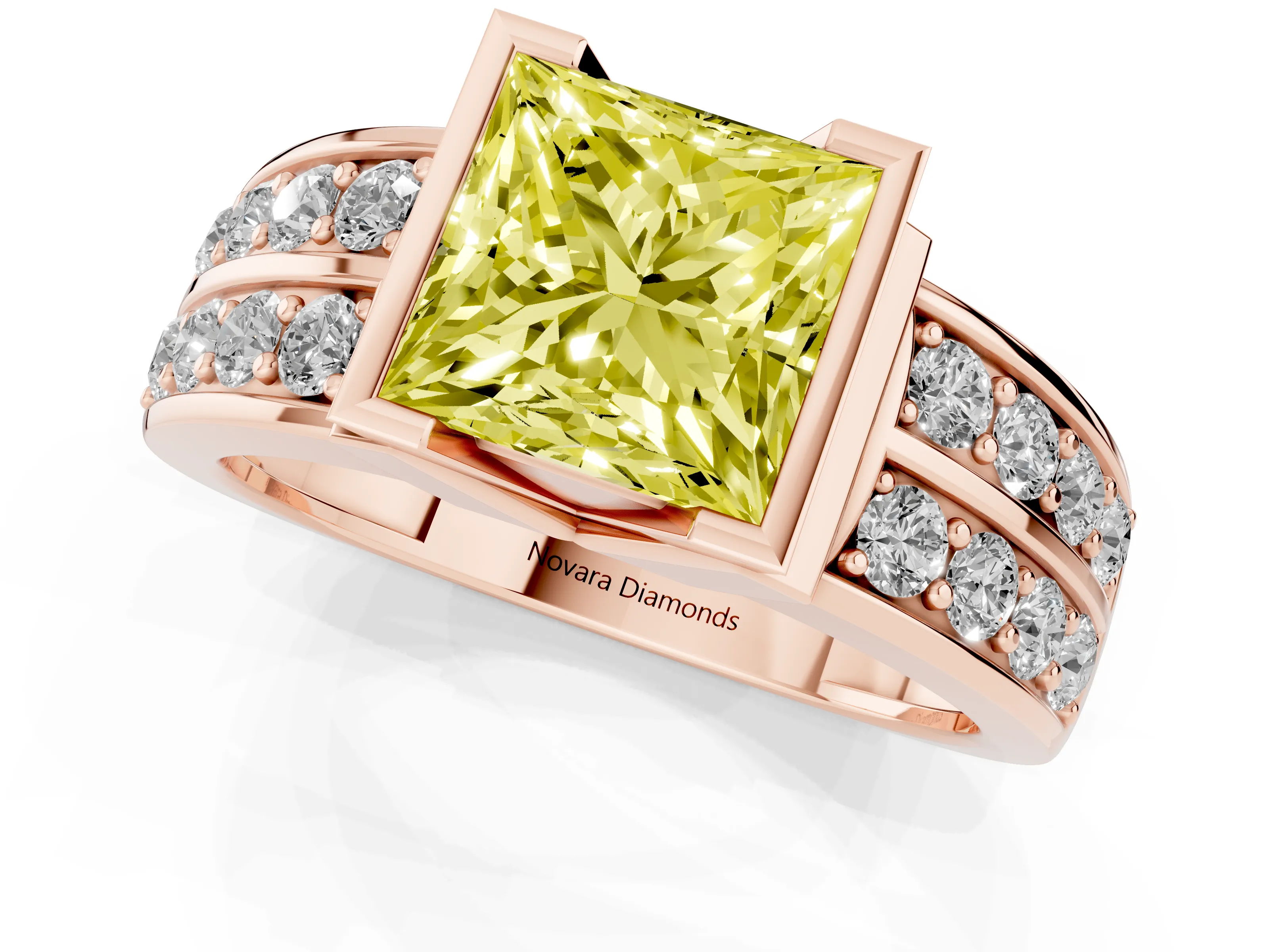 Fancy Yellow Princess Cut Diamond Wide Channel Set Band Ring Set in Rose gold with Bezel Setting