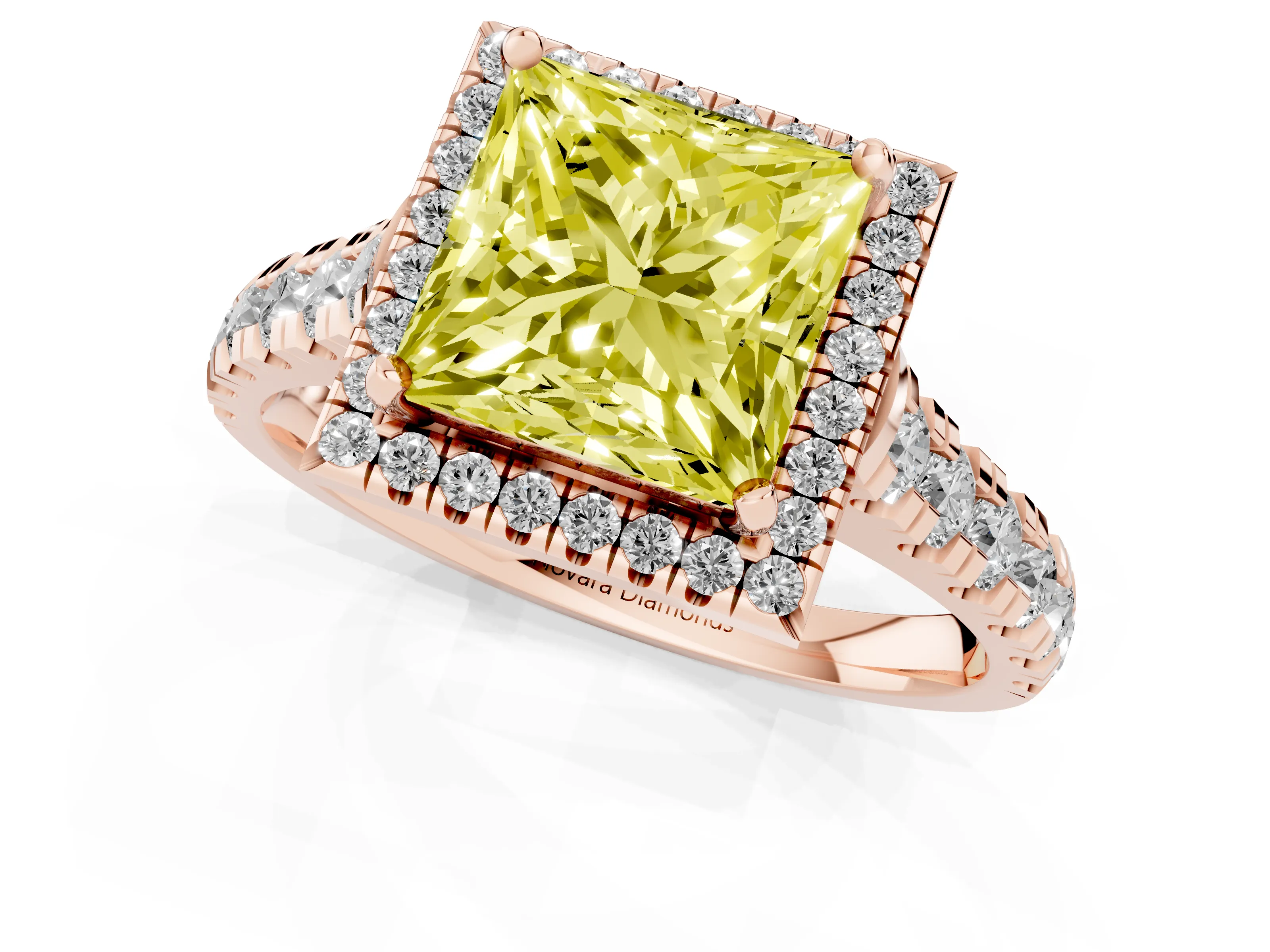 Fancy Yellow Princess Cut Diamond Halo Engagement Ring Set in Rose gold with Pavé Band and Prong-Set Center