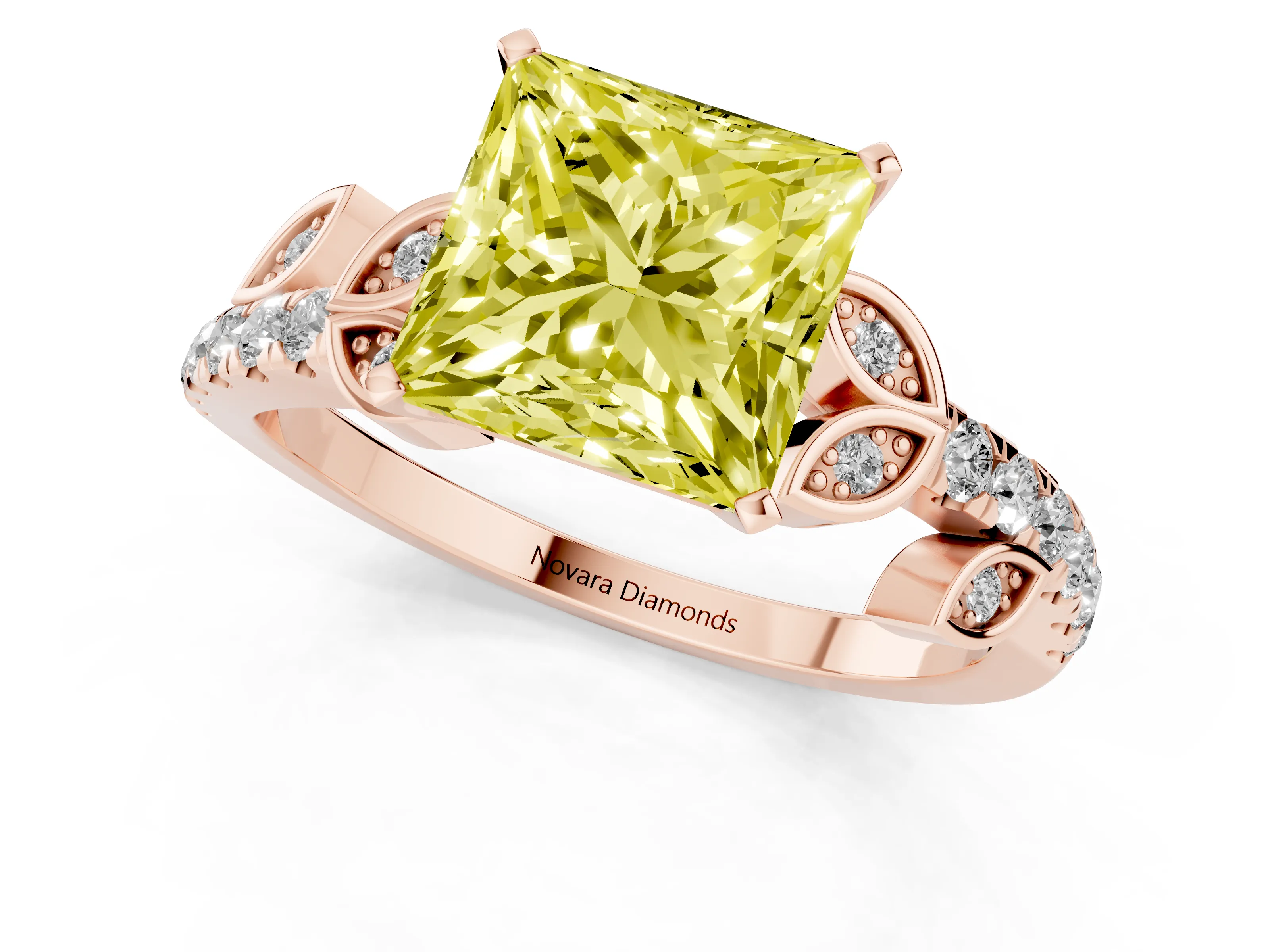 Fancy Yellow Princess Cut Diamond Solitaire Leaf-Inspired Ring Set in Rose gold with Pavé Band and Prong Setting