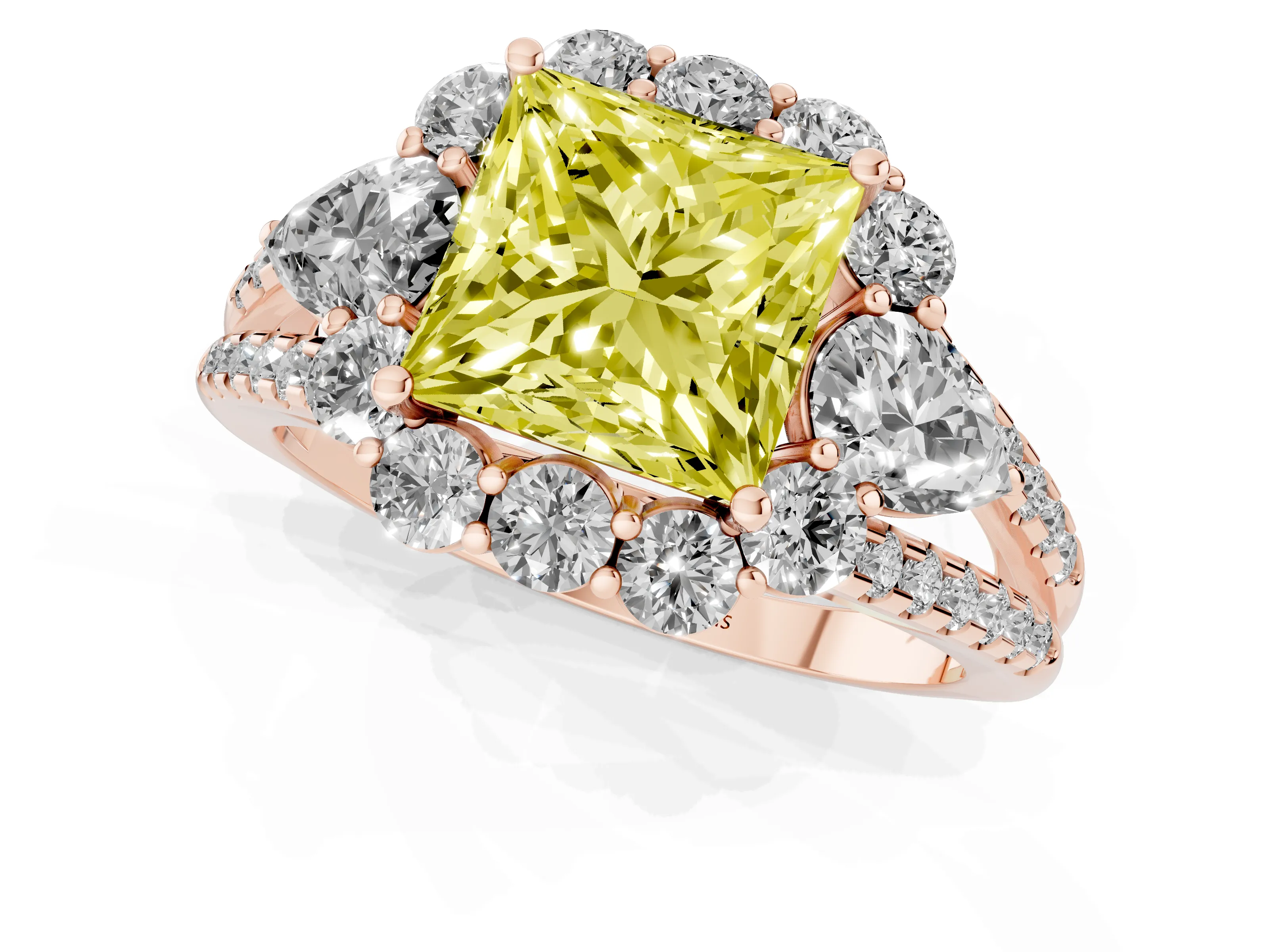 Fancy Yellow Princess Cut Diamond Halo Split Shank Engagement Ring Set in Rose gold with Prong-Held Center Stone