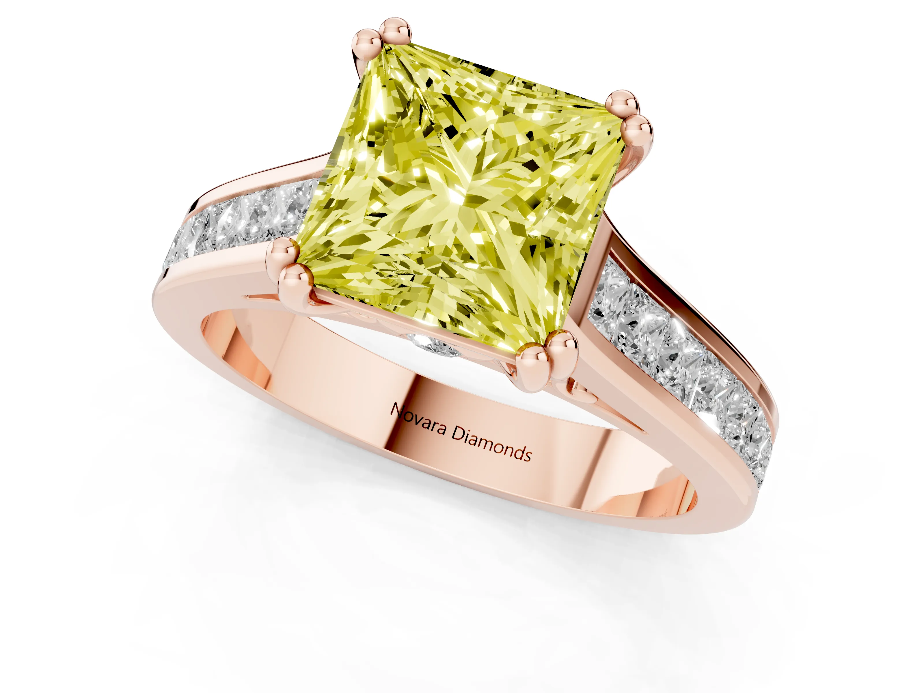 Fancy Yellow Princess Cut Diamond Channel Set Solitaire Engagement Ring Set in Rose gold with Prong Setting