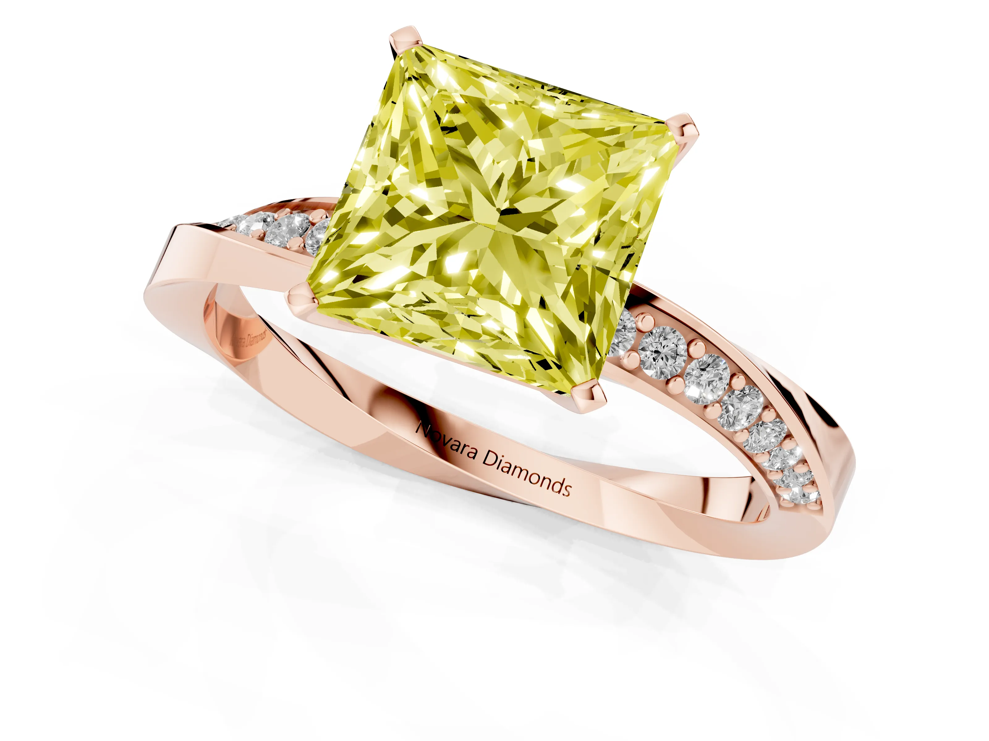 Fancy Yellow Princess Cut Diamond Engagement Ring Set in Rose gold with Side Stone Accents and Prong Setting