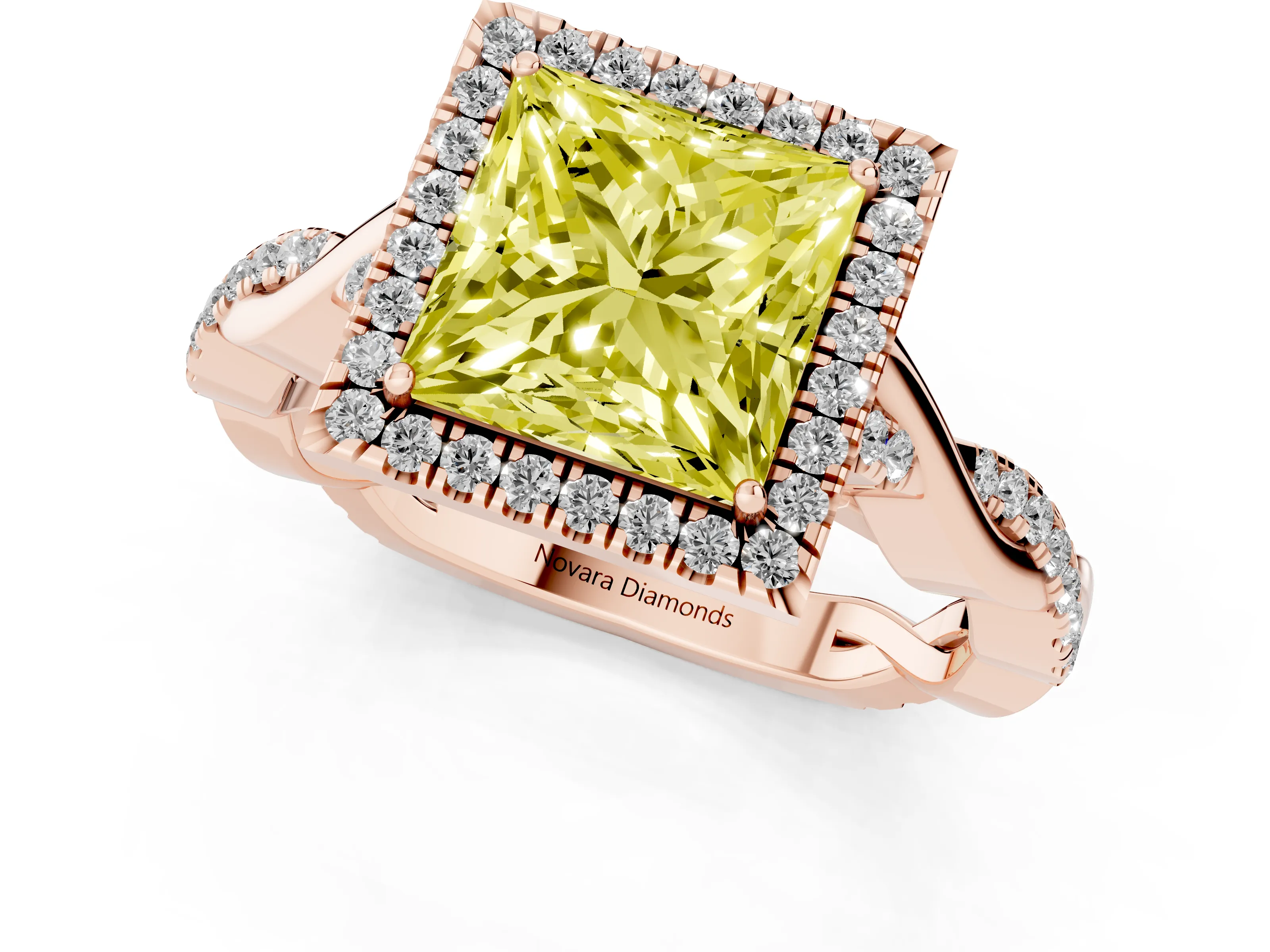 Fancy Yellow Princess Cut Diamond Halo Twist Band Solitaire Ring Set in Rose gold with Prong Setting