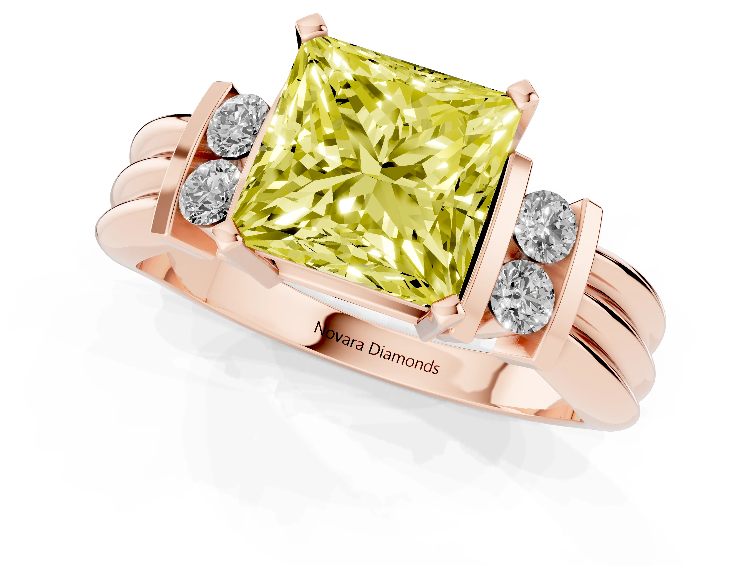 Fancy Yellow Three-Stone Princess Cut Diamond Channel Set Ring Set in Rose gold with Bar Prongs