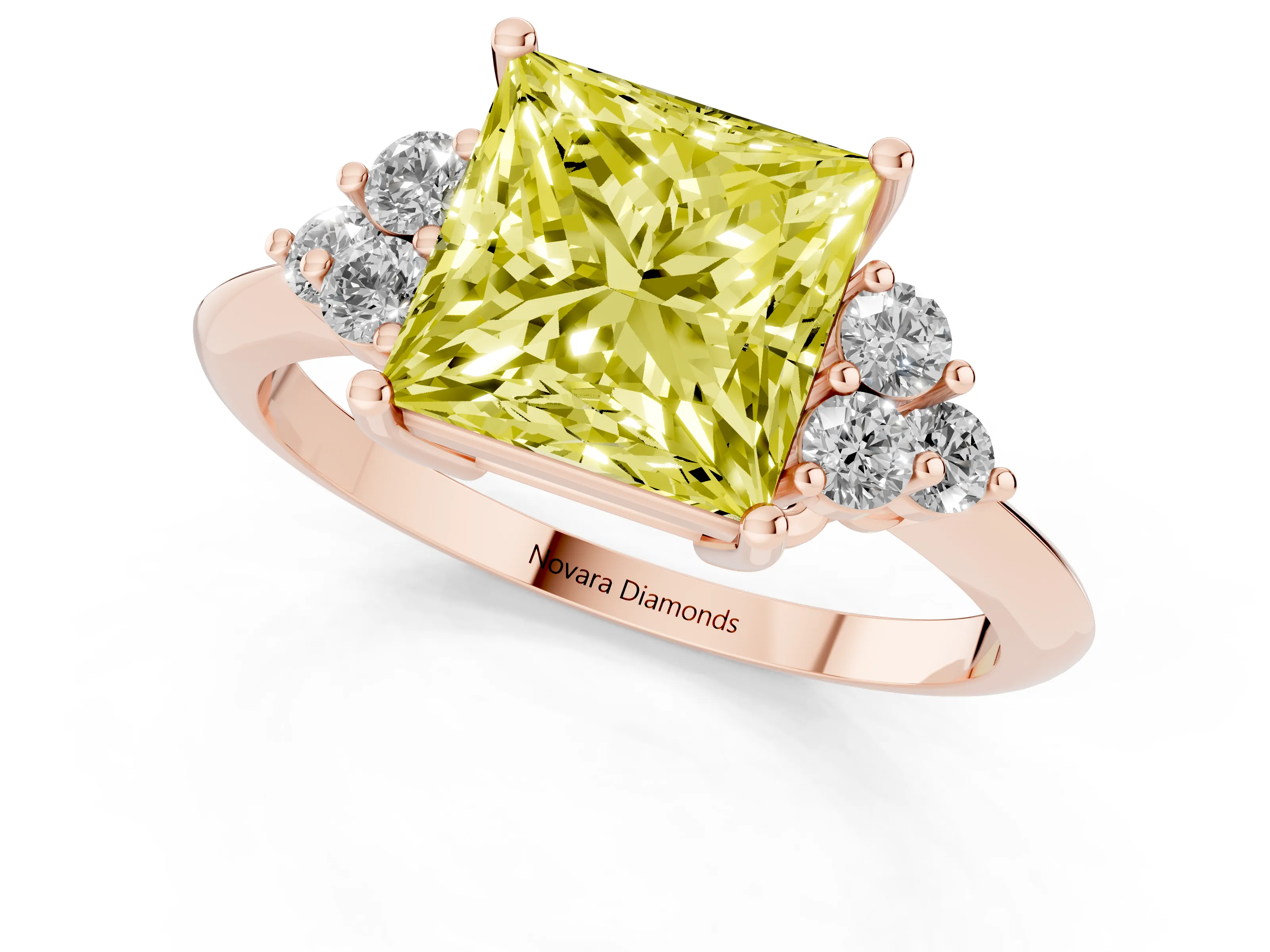 Fancy Yellow Princess Cut Diamond Cluster Ring Set in Rose gold with Plain Band and Prong Setting