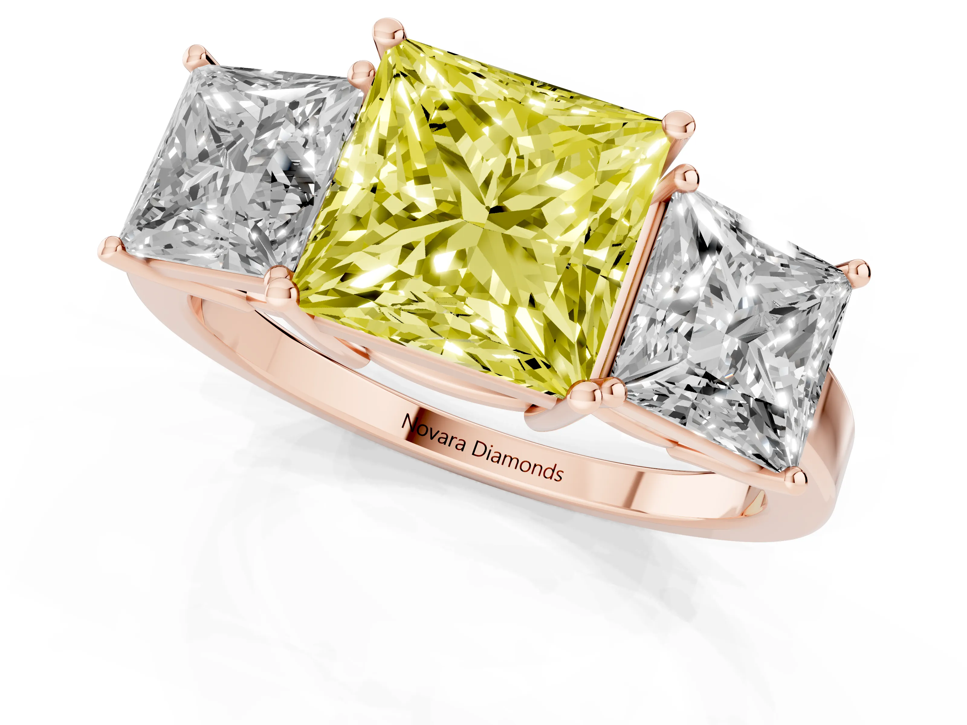Fancy Yellow Princess Cut Diamond Three-Stone Engagement Ring Set in Rose gold with Flat Band