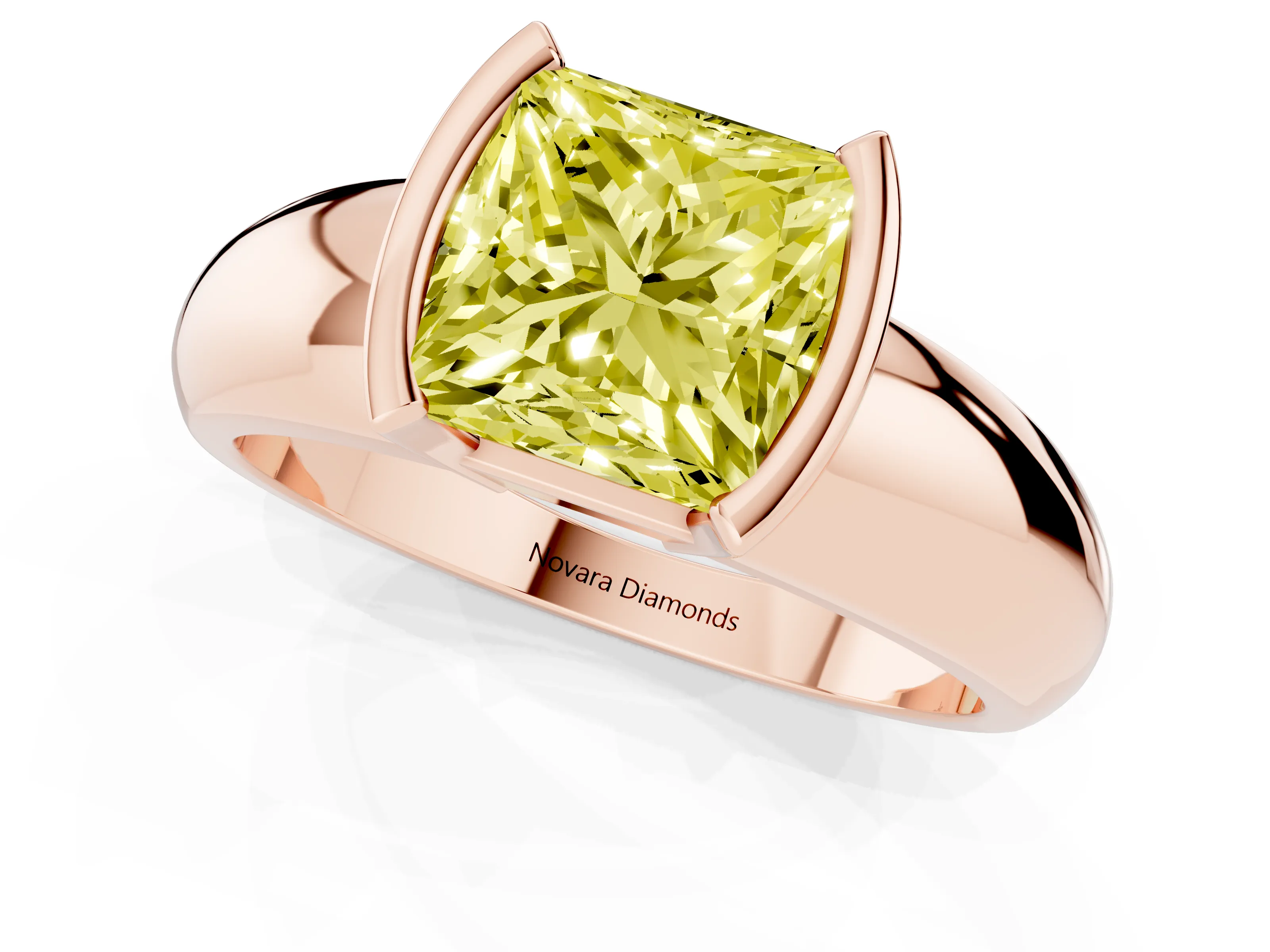 Fancy Yellow Princess Cut Diamond Solitaire Tension Set Ring Set in Rose gold with Wide Band