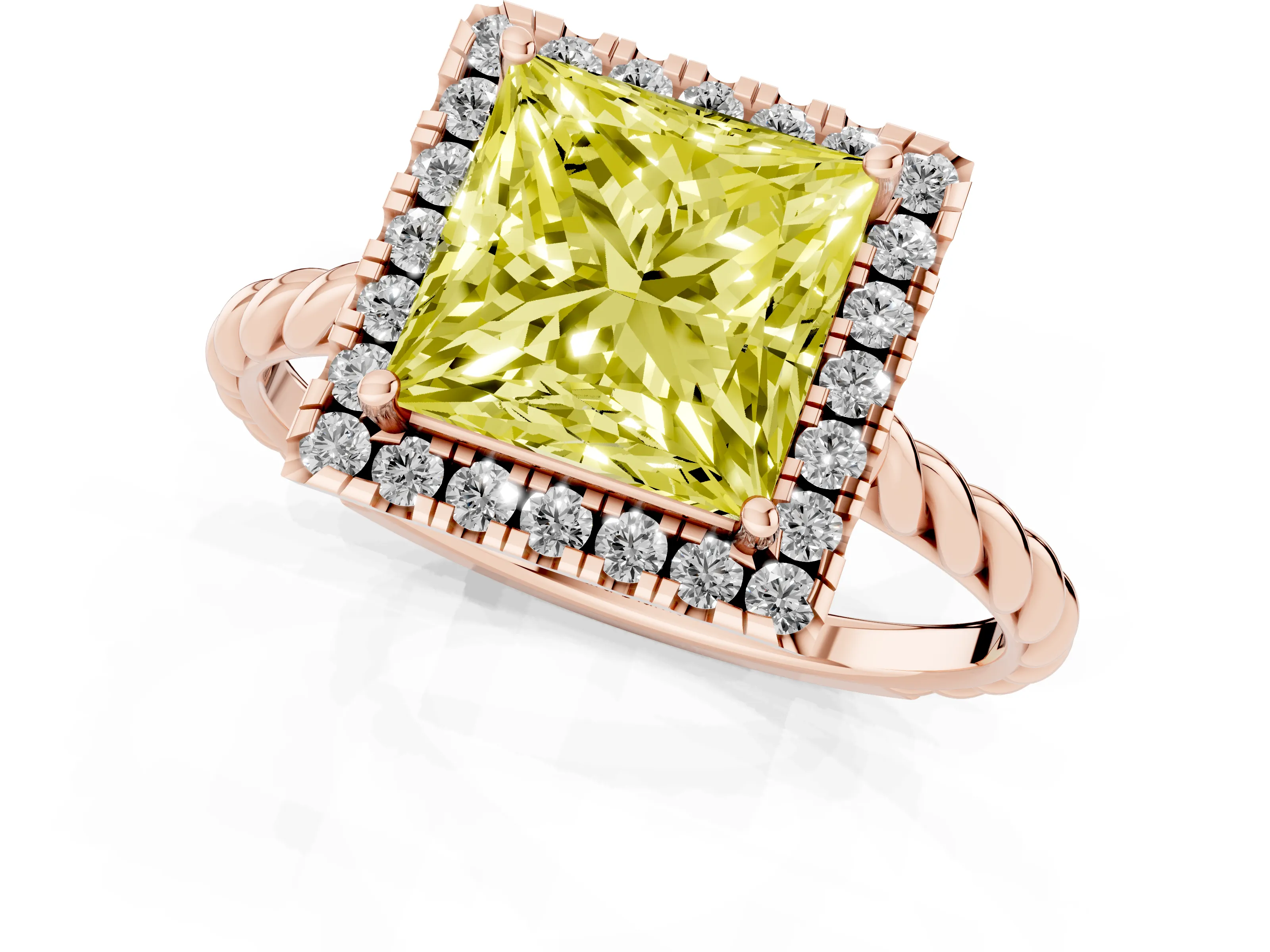 Fancy Yellow Princess Cut Diamond Halo Ring Set in Rose gold with Plain Twisted Band