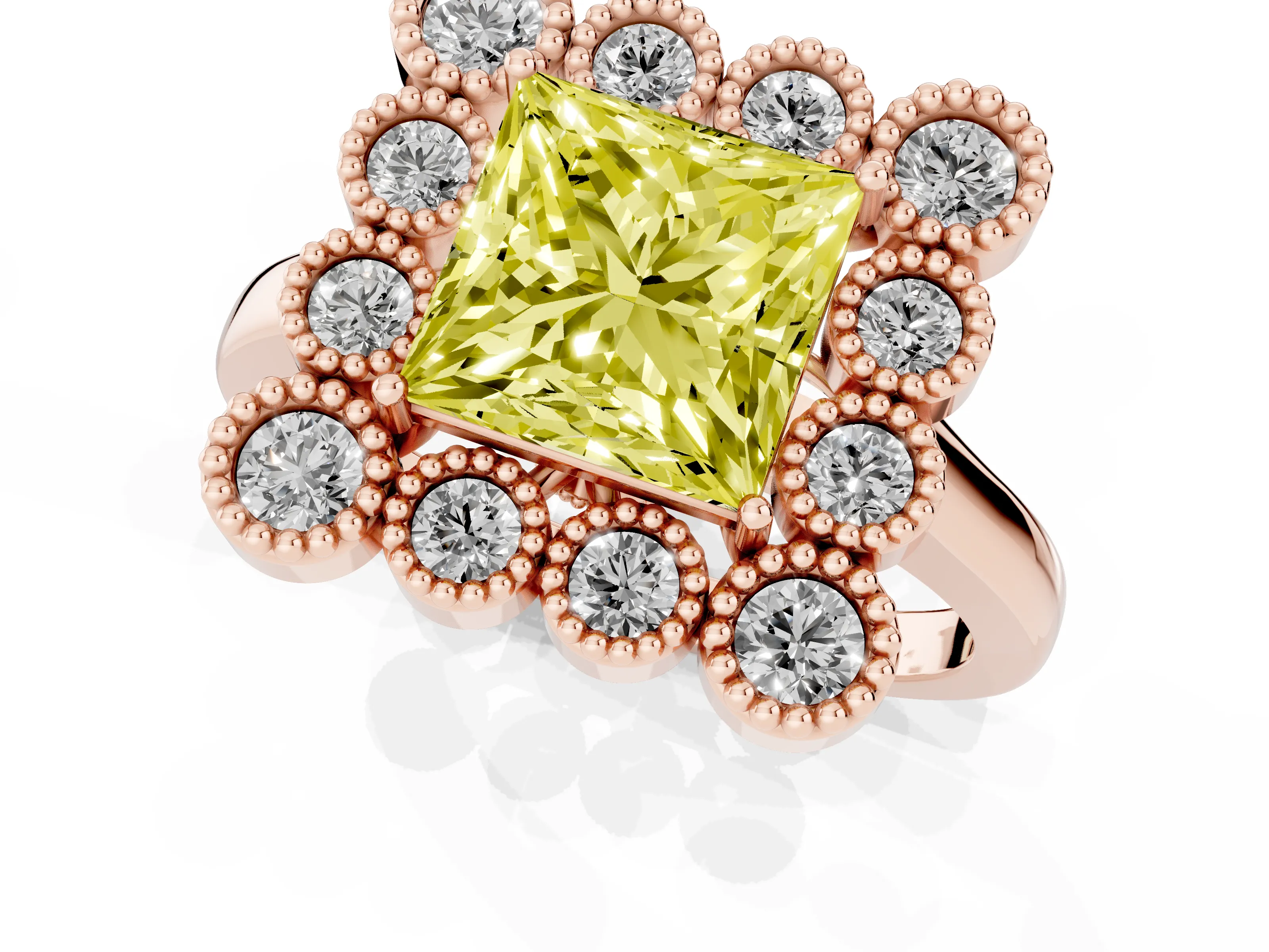 Fancy Yellow Princess Cut Diamond Cluster Halo Ring Set in Rose gold with Milgrain Bezel Accents and Plain Band