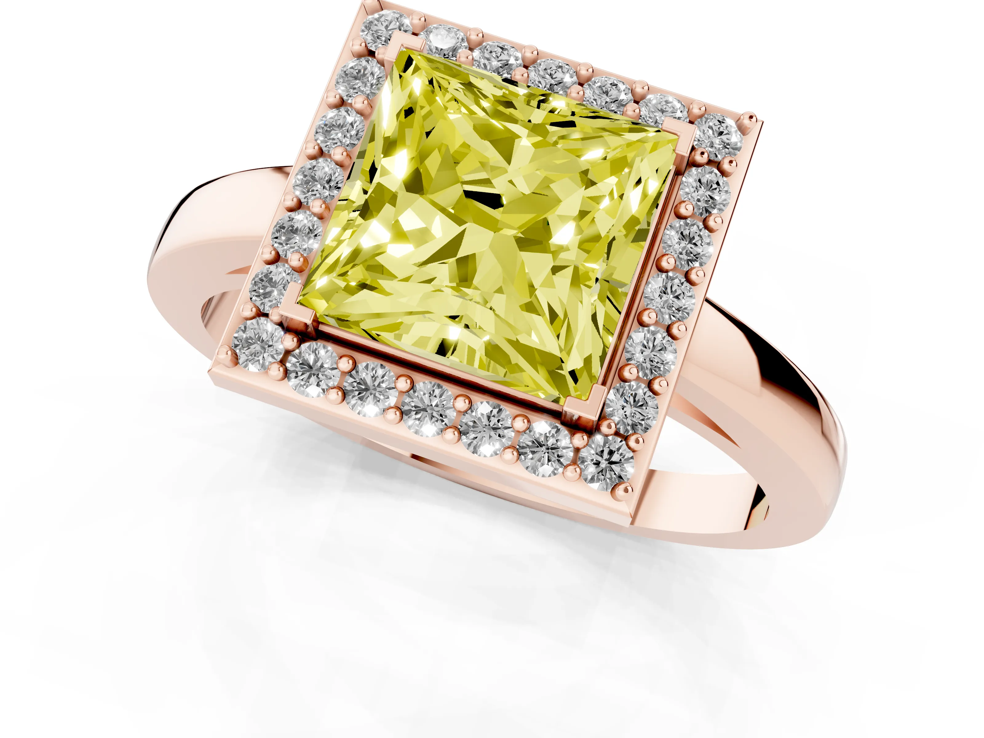 Fancy Yellow Princess Cut Diamond Halo Ring Set in Rose gold with Solitaire Band and Prong Setting