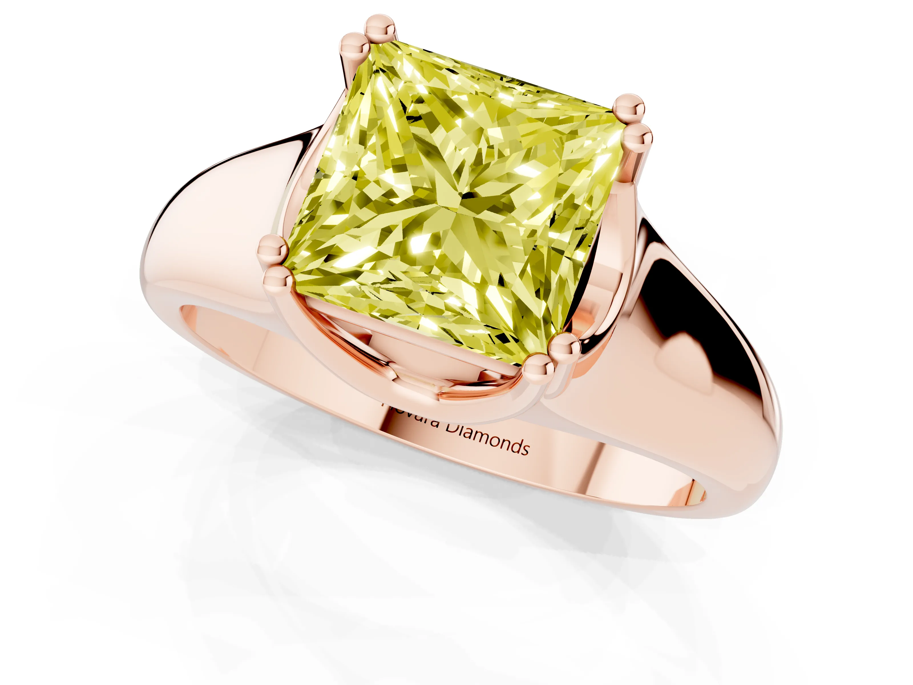 Fancy Yellow Princess Cut Diamond Solitaire Ring Set in Rose gold with Wide Band and Prong Setting