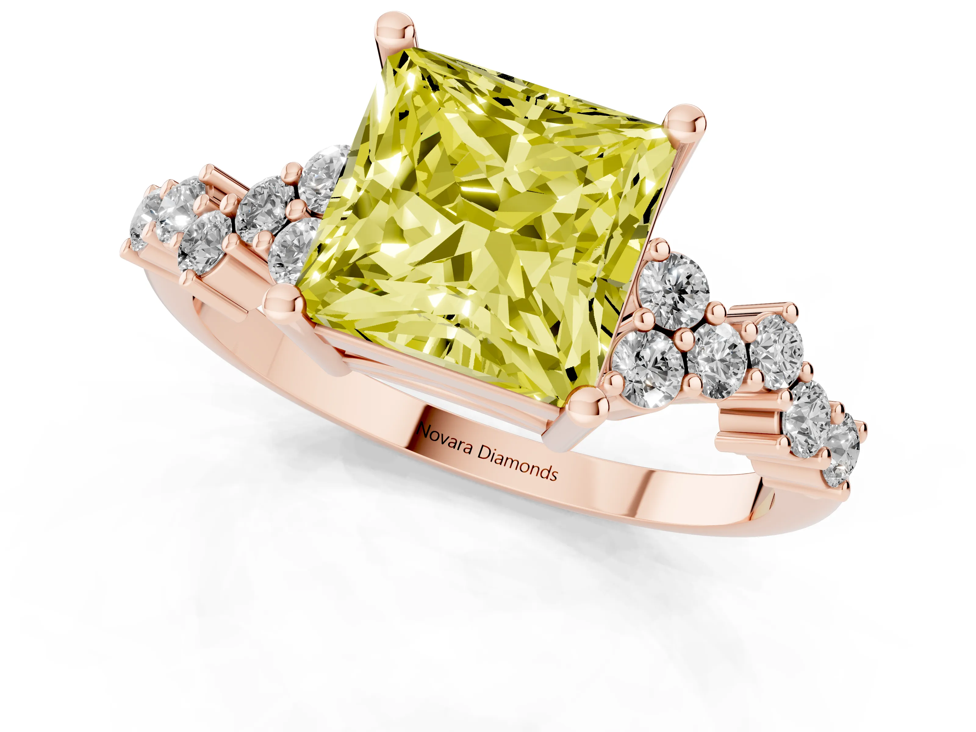 Fancy Yellow Princess Cut Diamond Ring Set in Rose gold with Scattered Round Accents