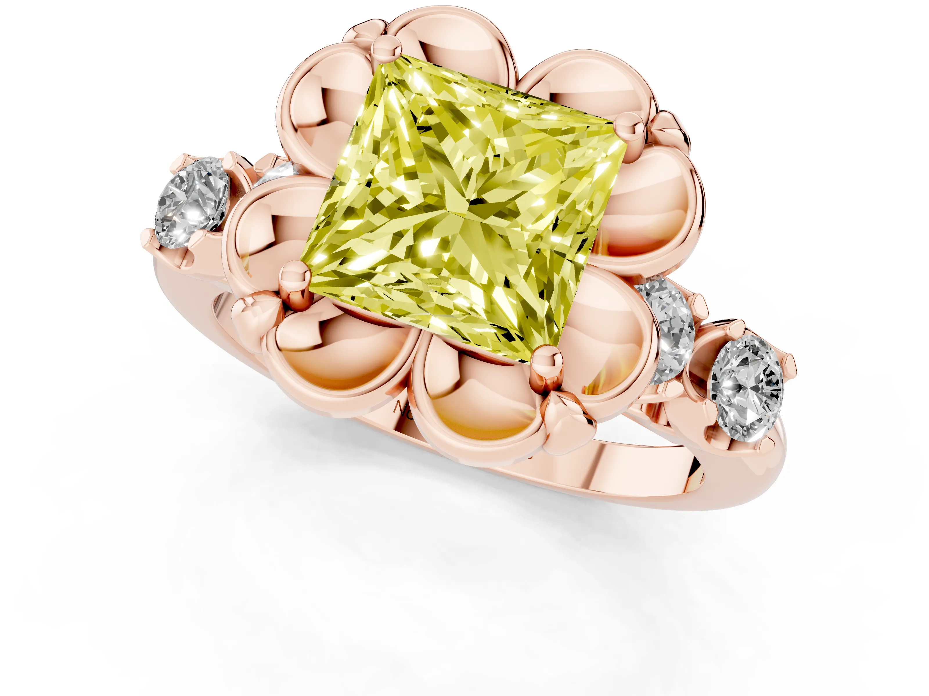 Fancy Yellow Princess Cut Diamond Floral Halo Ring Set in Rose gold with Shared Prong Band