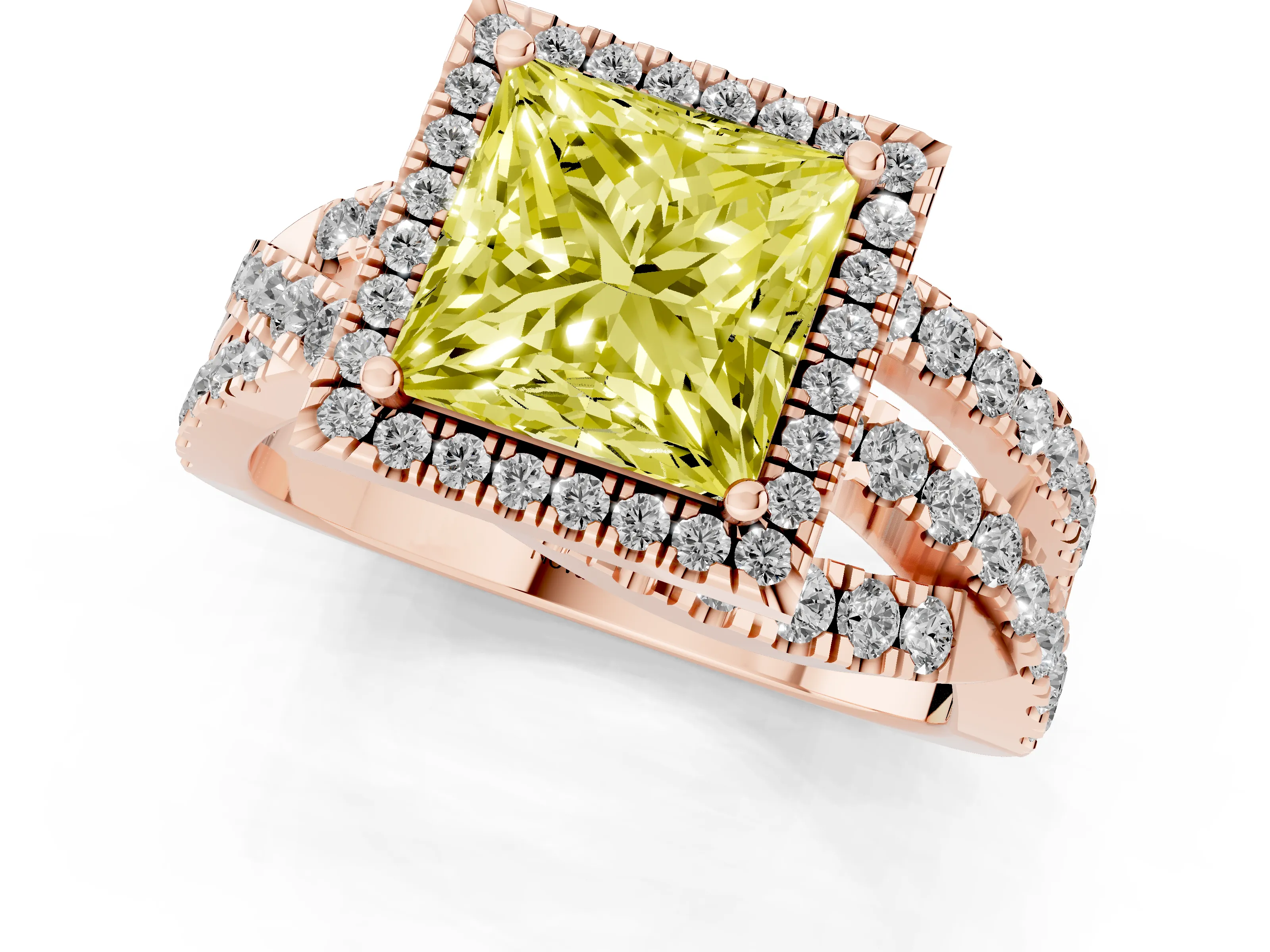Fancy Yellow Princess Cut Diamond Halo Ring Set in Rose gold with Round Crossover Split Shank and Prong Setting