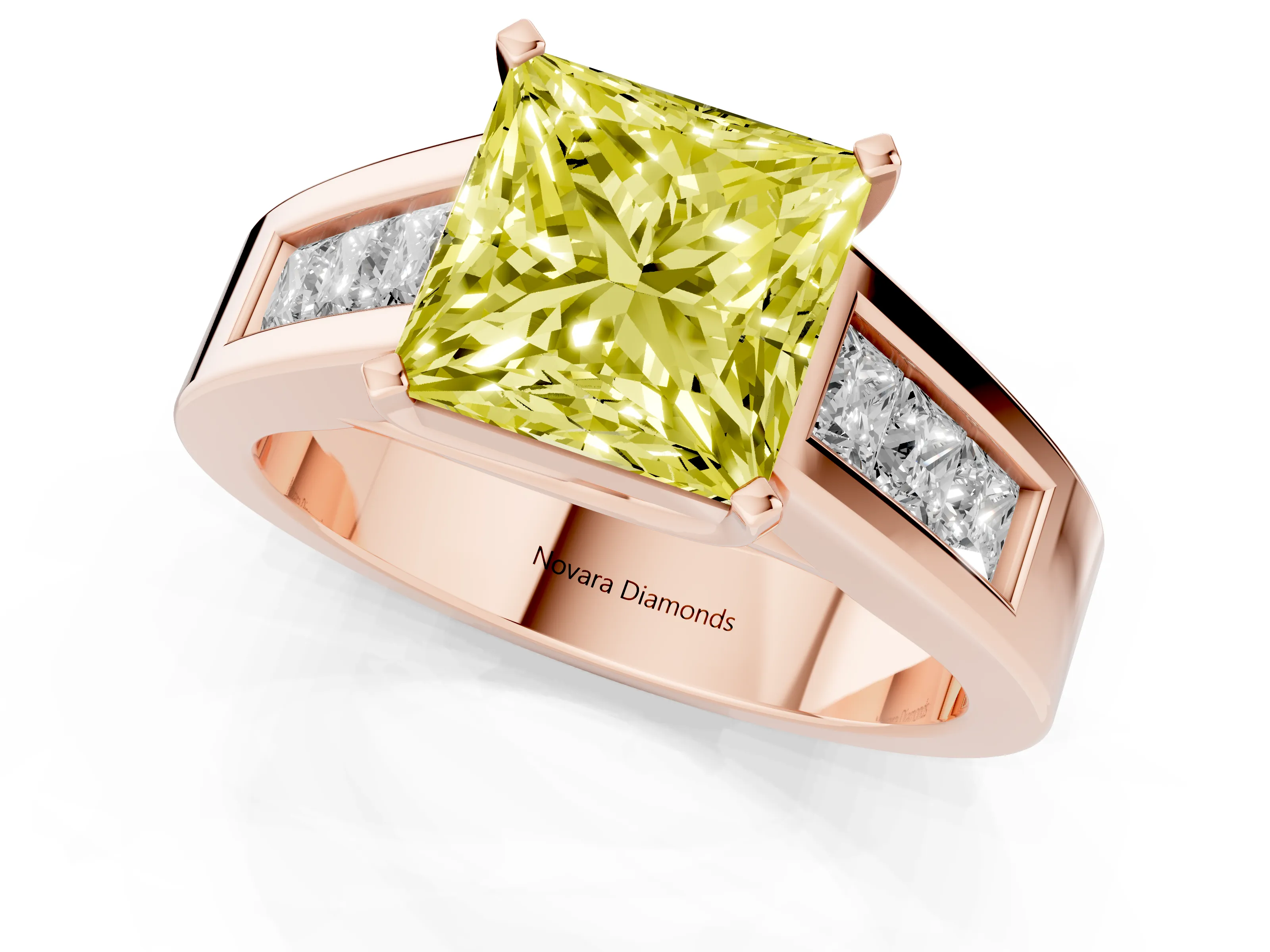 Fancy Yellow Princess Cut Diamond Solitaire Ring Set in Rose gold with Channel-Set Accent Stones and Prong Setting