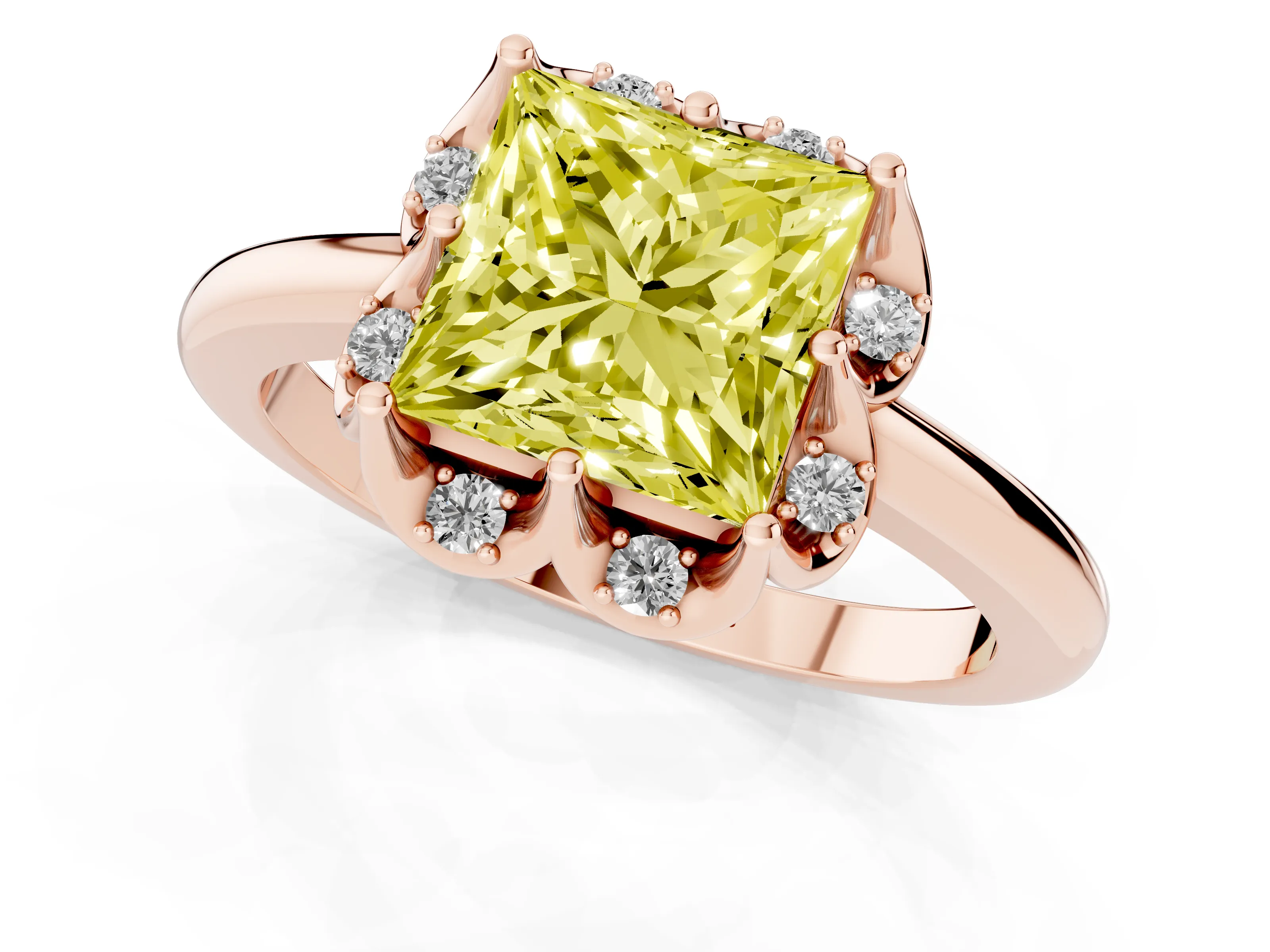 Fancy Yellow Princess Cut Diamond Round Cluster Halo Ring Set in Rose gold with Solitaire Band and Prong Setting