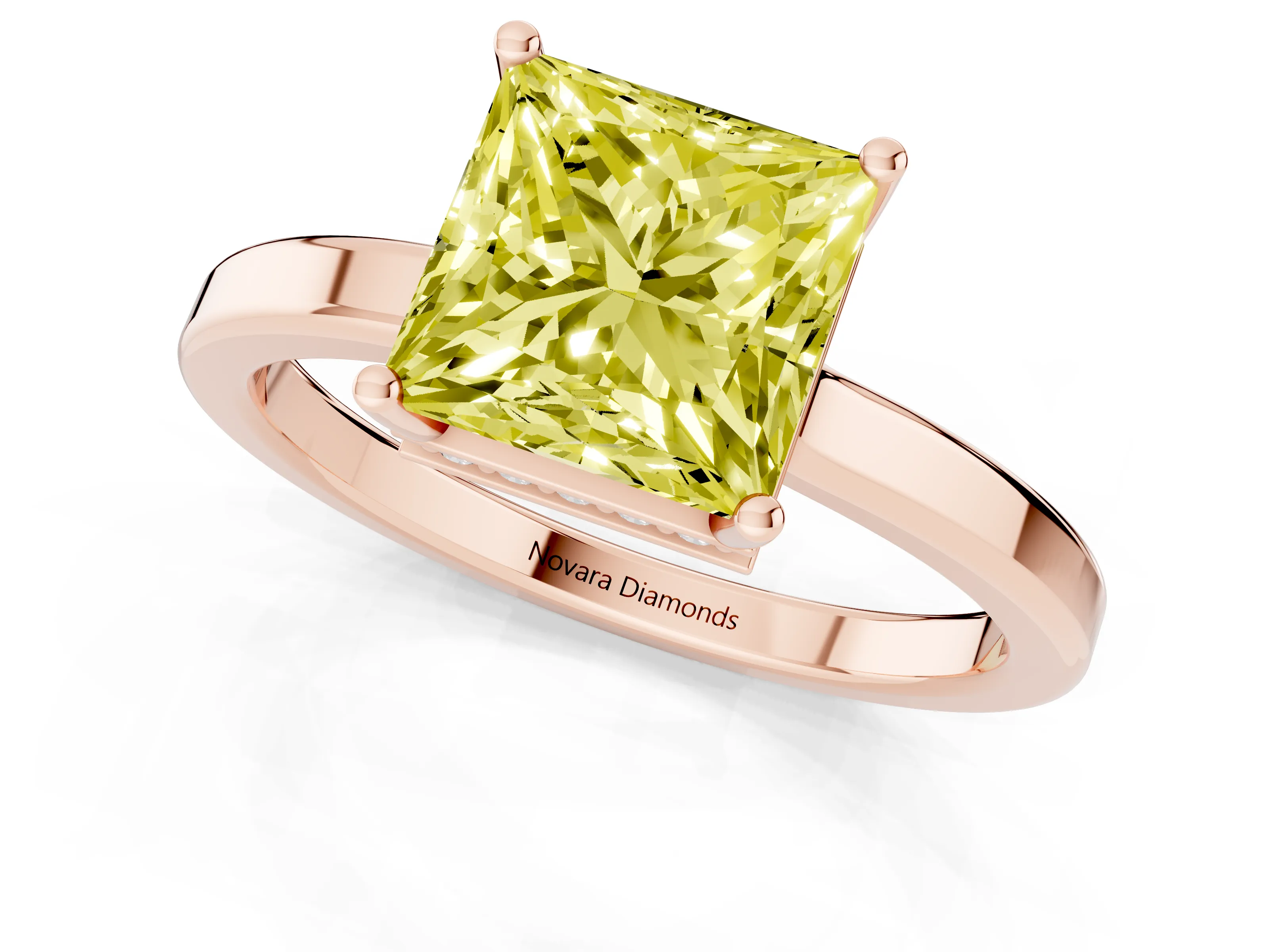 Fancy Yellow Princess Cut Diamond Solitaire Engagement Ring Set in Rose gold with Prong Setting on a Plain Band