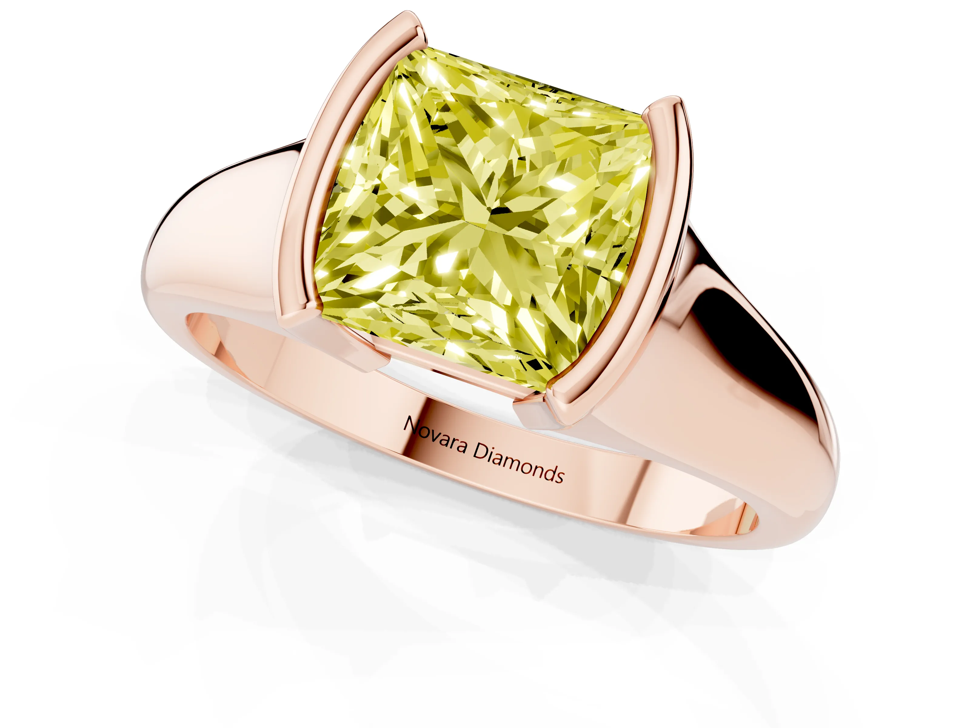 Fancy Yellow Princess Cut Diamond Solitaire Tension Set Ring Set in Rose gold with Split Shank Band
